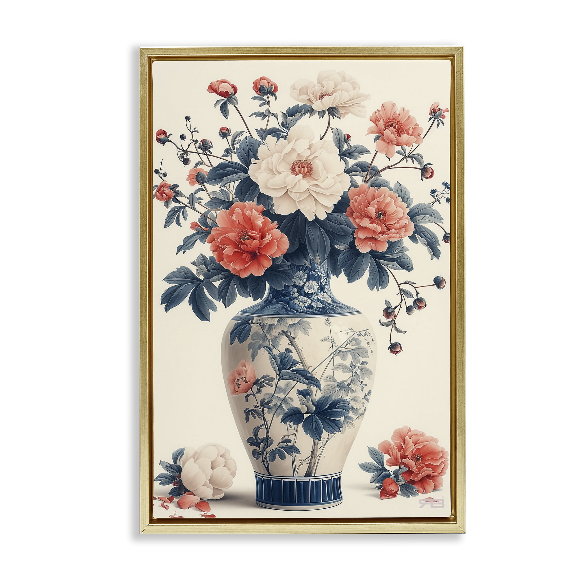 Stupell Industries Vintage Eastern Vase Botanical & Floral Painting Gold Floater Framed Art Print Wall Art, 17 x 25