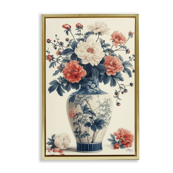 Stupell Industries Vintage Eastern Vase Botanical & Floral Painting Gold Floater Framed Art Print Wall Art, 21 x 31