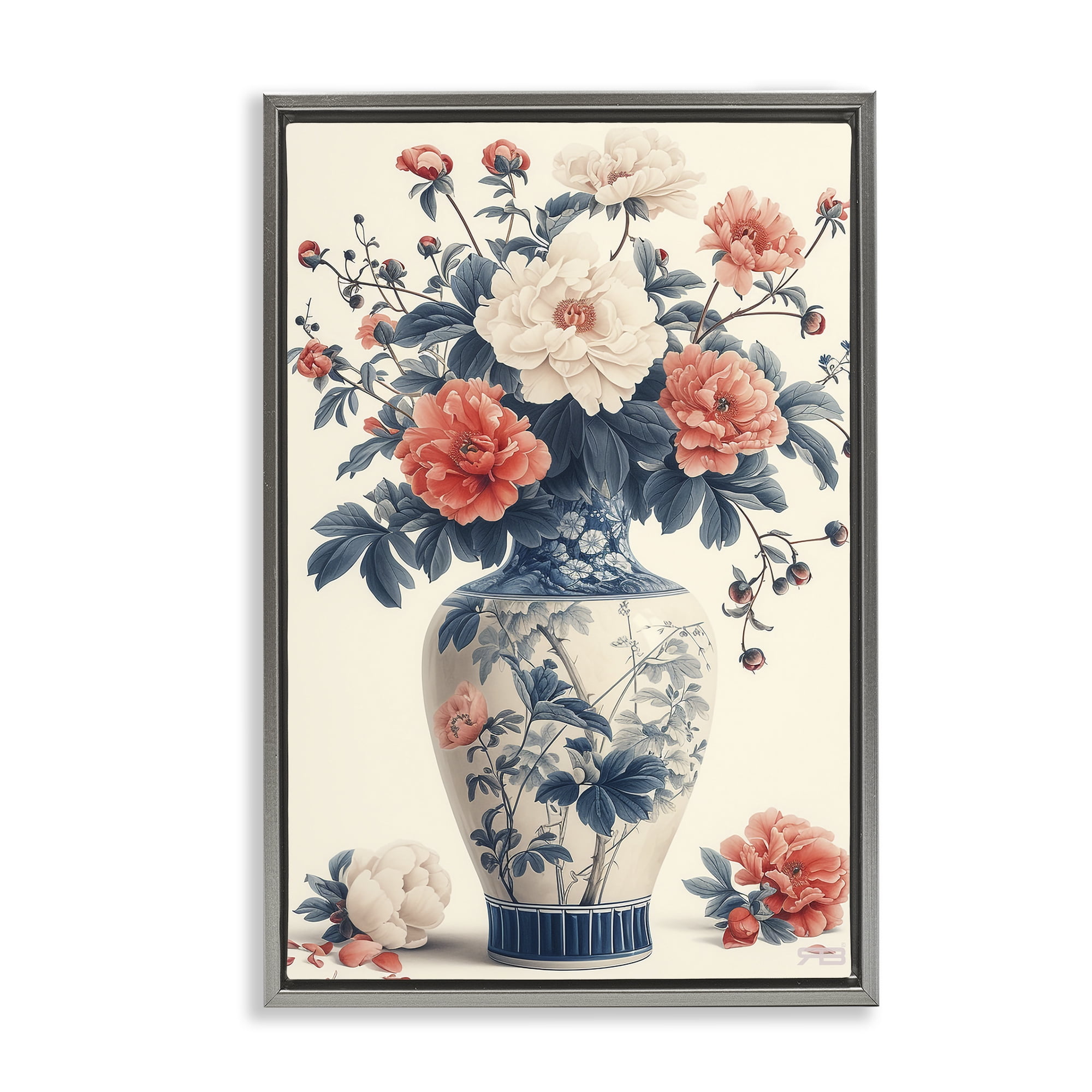 Vintage Floral Botanical Print on Canvas with Gray Frame
