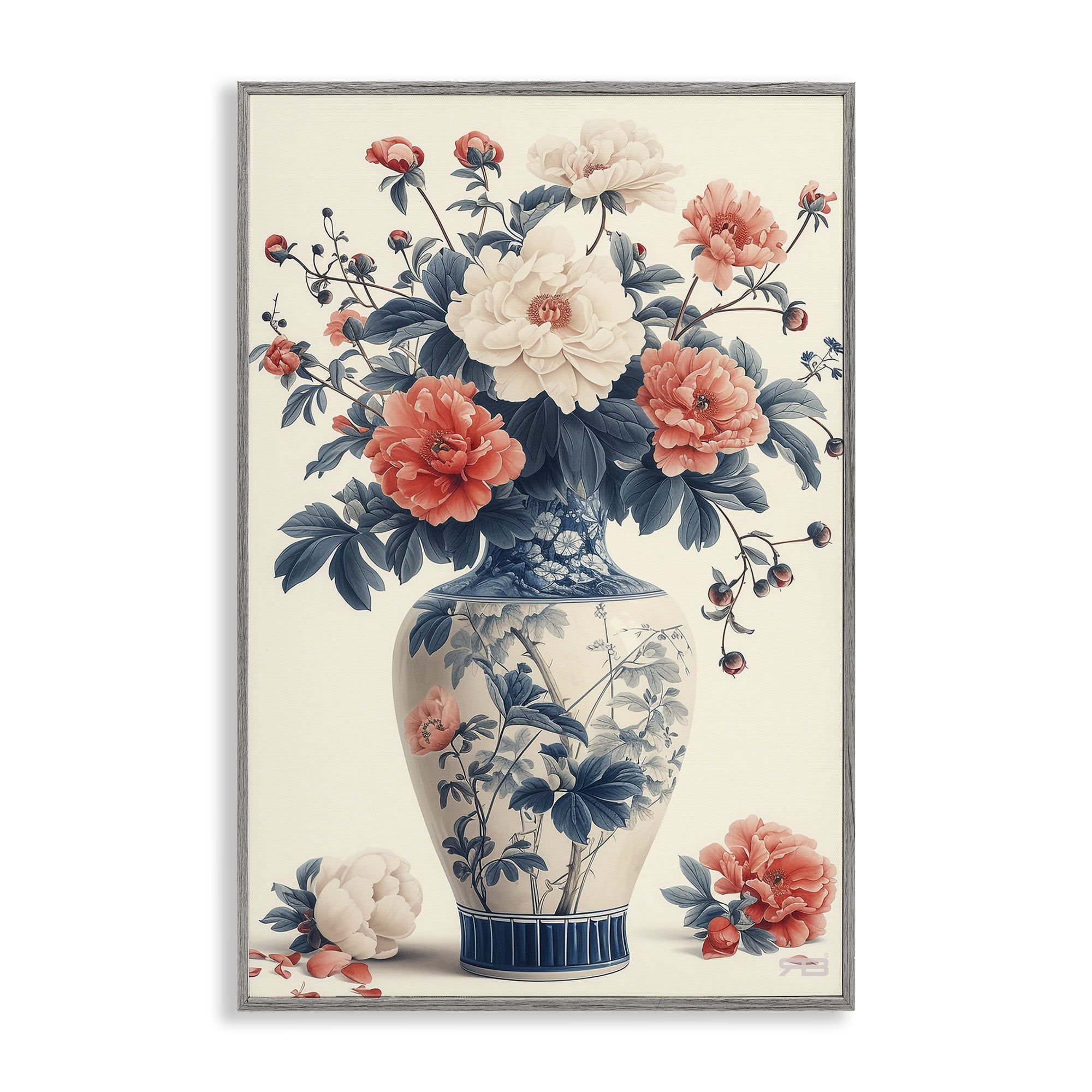 Stupell Industries Vintage Eastern Vase Botanical & Floral Painting Gray Framed Art Print Wall Art, 16 x 24