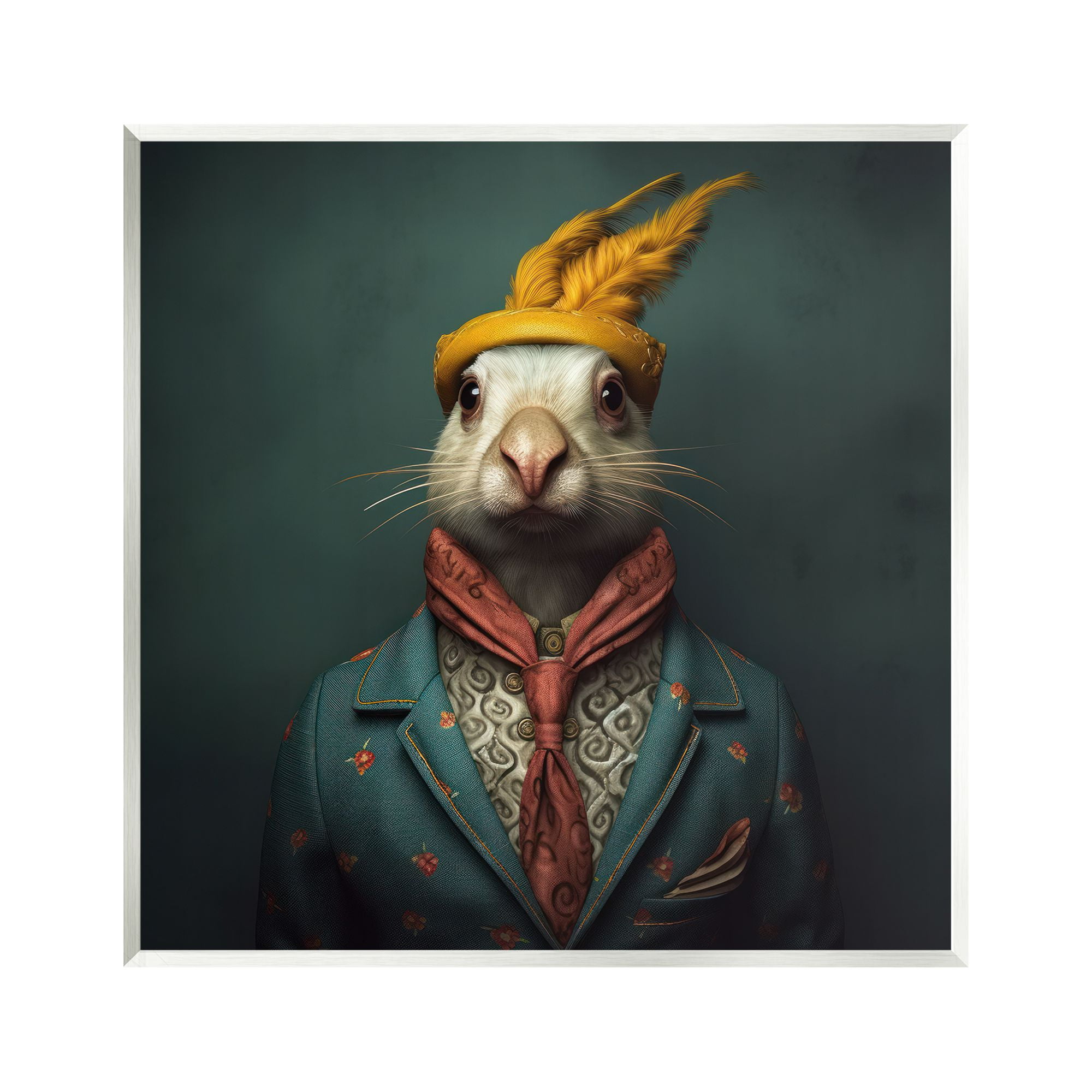Vintage Rabbit Portrait Print in Blue Suit on MDF Wood