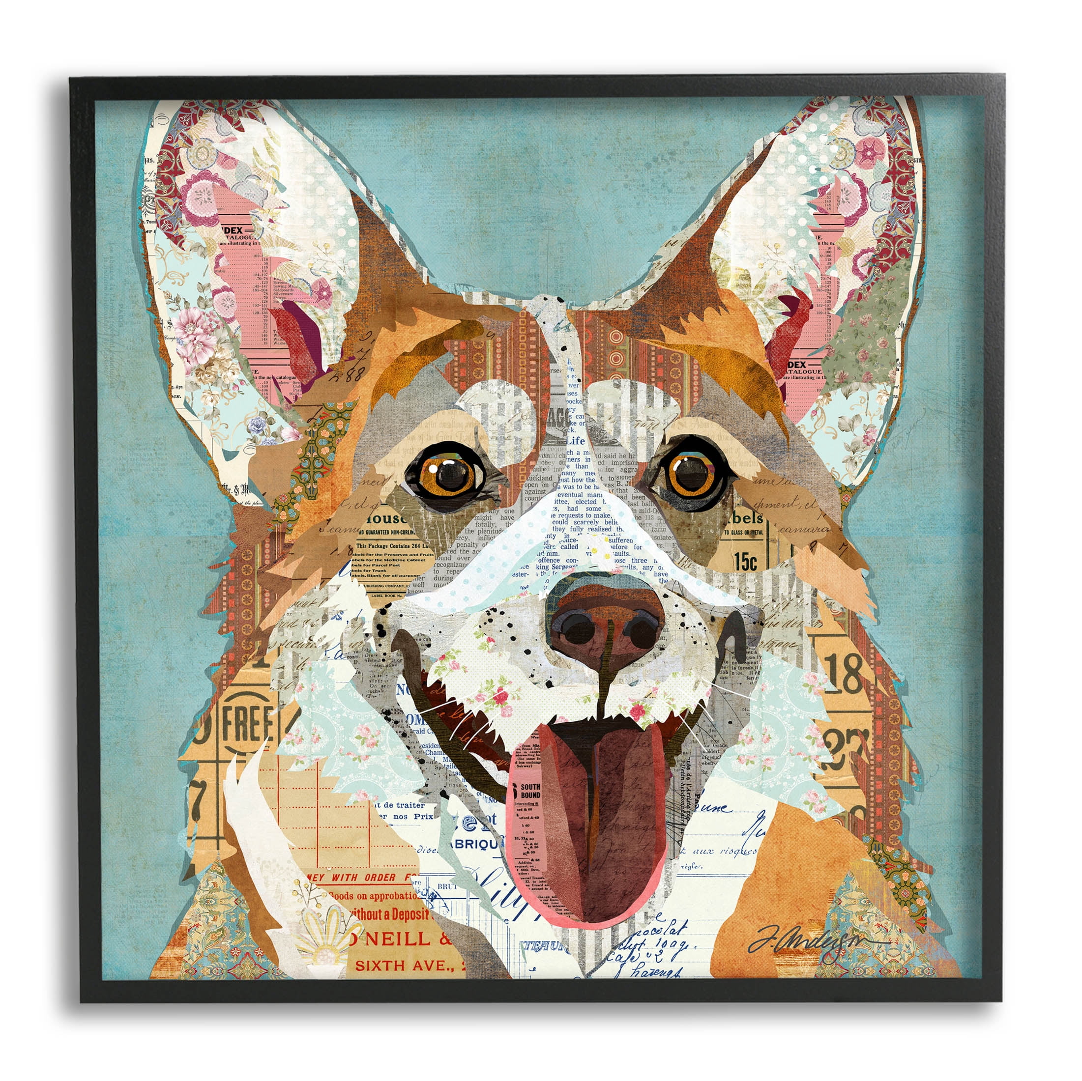 Stupell Industries Vintage Ephemera Corgi Portrait Collage Graphic Art Black Framed Art Print Wall Art, Design by Traci Anderson