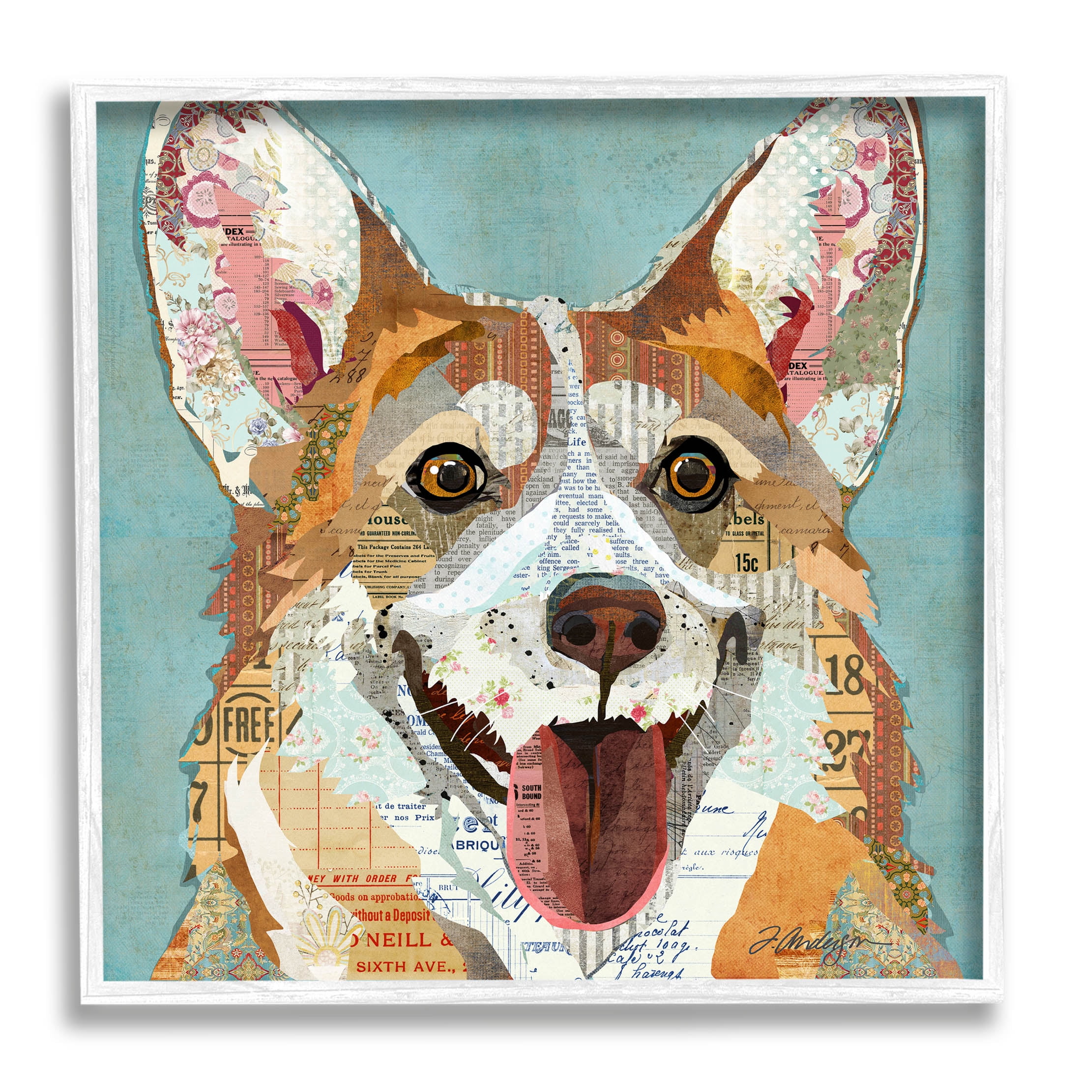 Stupell Industries Vintage Ephemera Corgi Portrait Collage Graphic Art White Framed Art Print Wall Art, Design by Traci Anderson