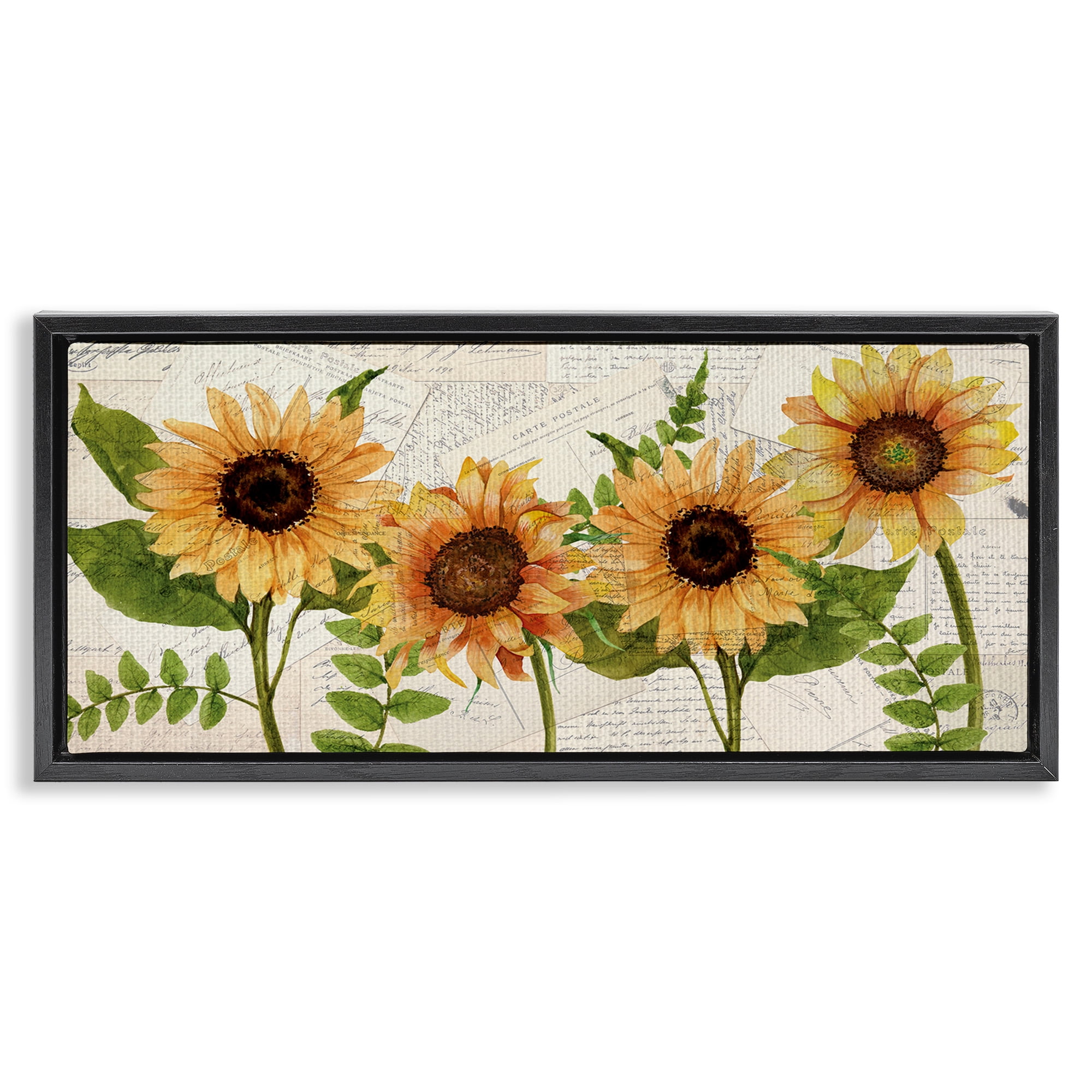 Stupell Industries Vintage European Postcard Collage Botanical & Floral Painting Black Floater Framed Canvas Art Print Wall Art, 31 x 14