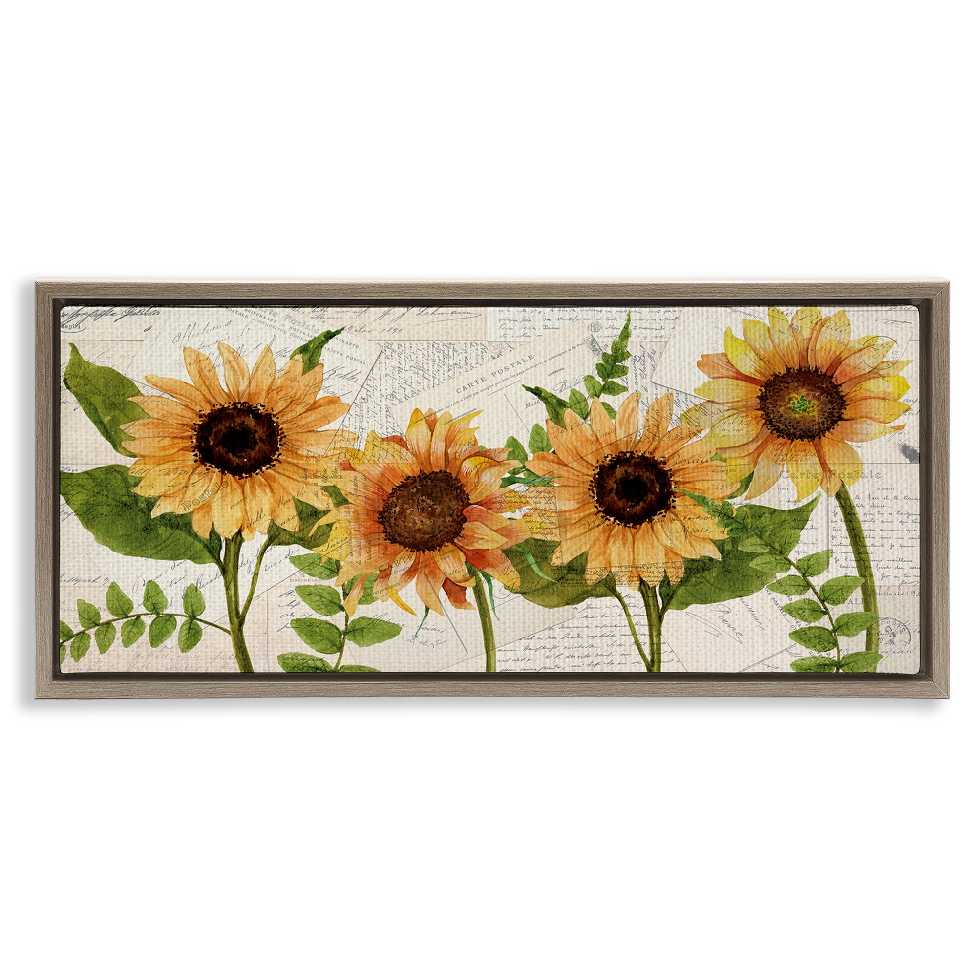 Stupell Industries Vintage European Postcard Collage Botanical & Floral Painting Brown Floater Framed Canvas Art Print Wall Art, 31 x 14