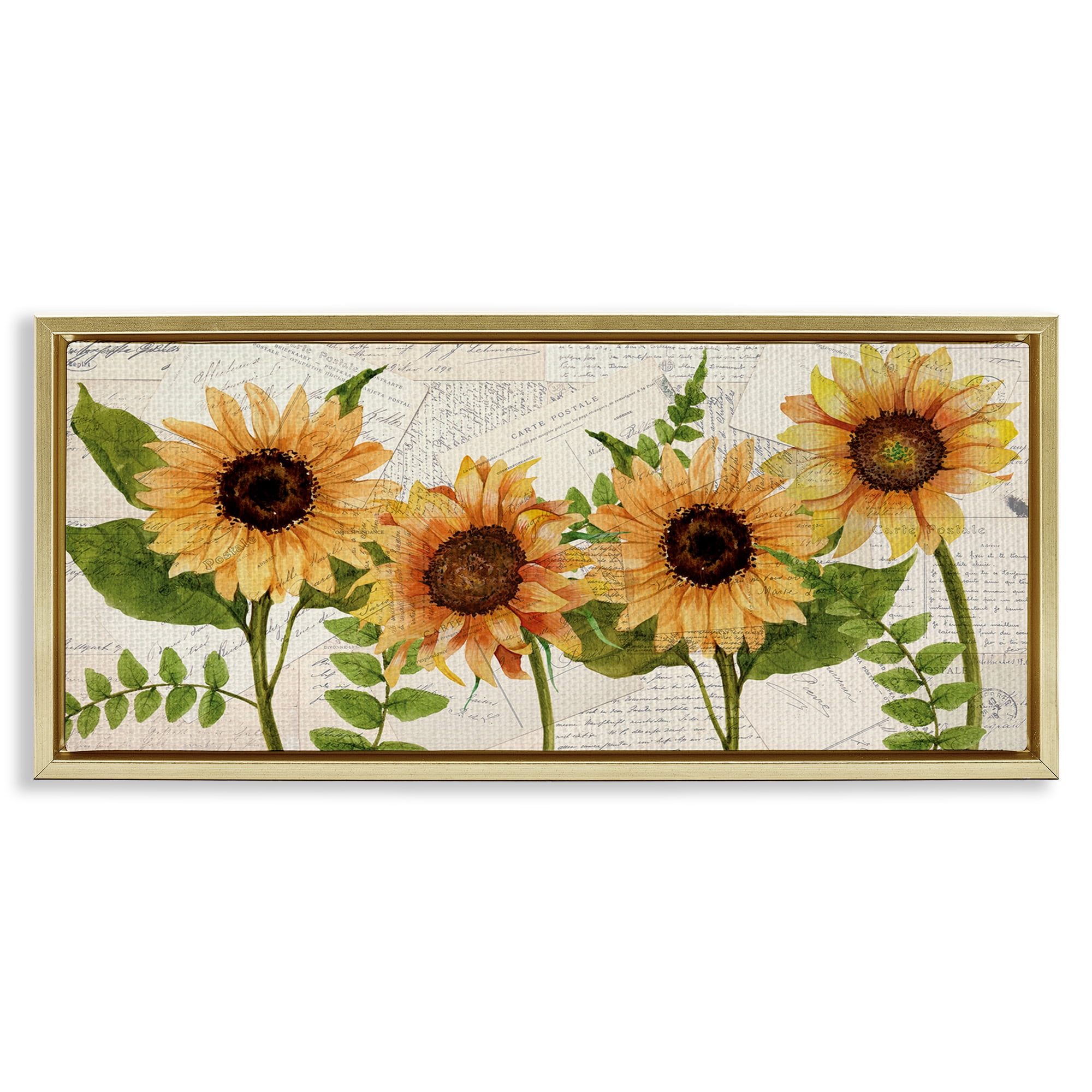 Stupell Industries Vintage European Postcard Collage Botanical & Floral Painting Gold Floater Framed Canvas Art Print Wall Art, 25 x 11