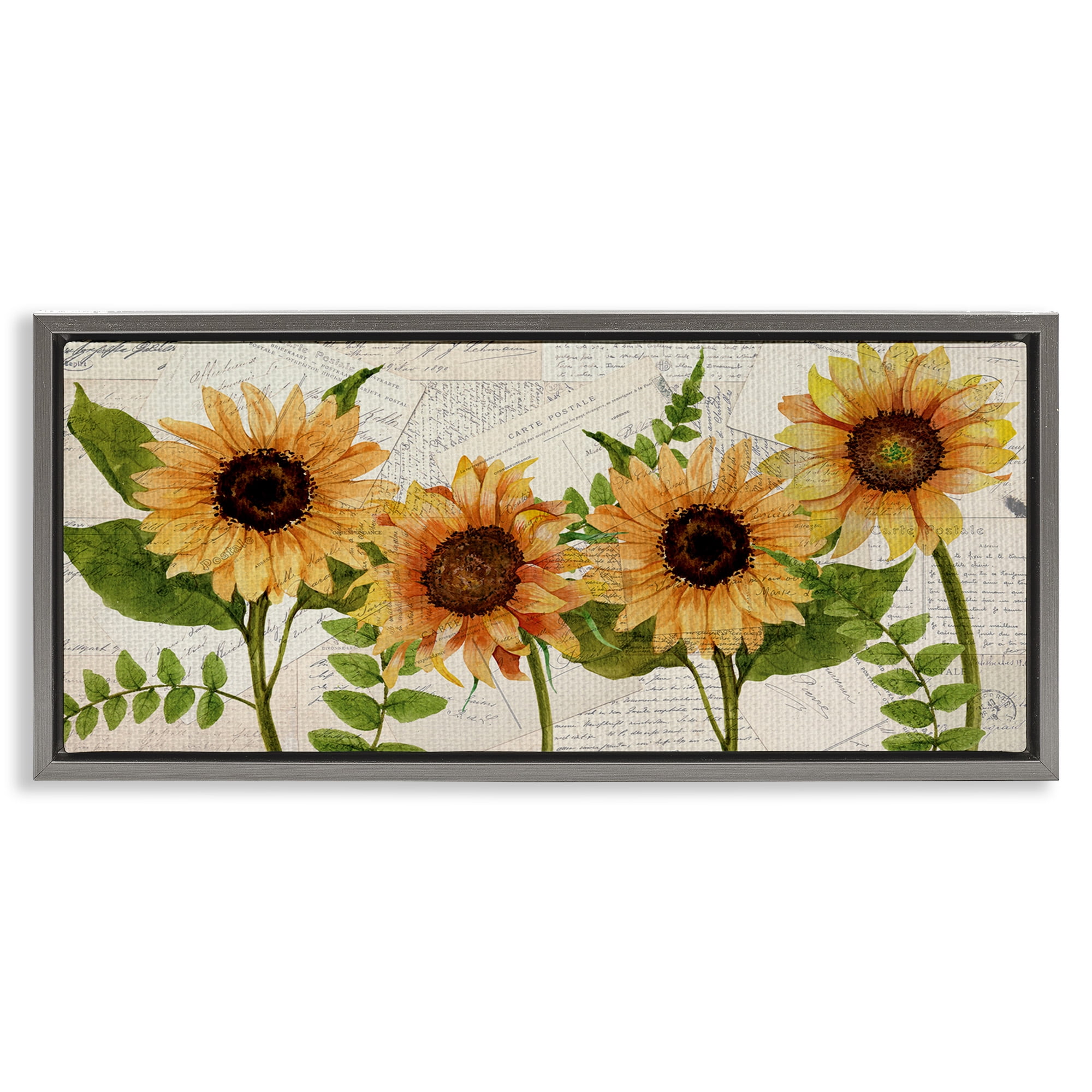 Stupell Industries Vintage European Postcard Collage Botanical & Floral Painting Gray Floater Framed Canvas Art Print Wall Art, 25 x 11