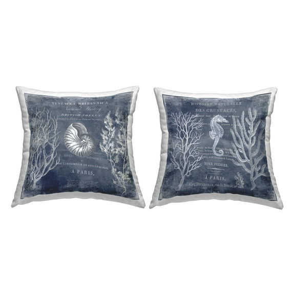 Stupell Industries Vintage European Shells and Nautical Seahorse Coastal Blue, 18 x 7 x 18, Decorative Pillows, (Set of 2)