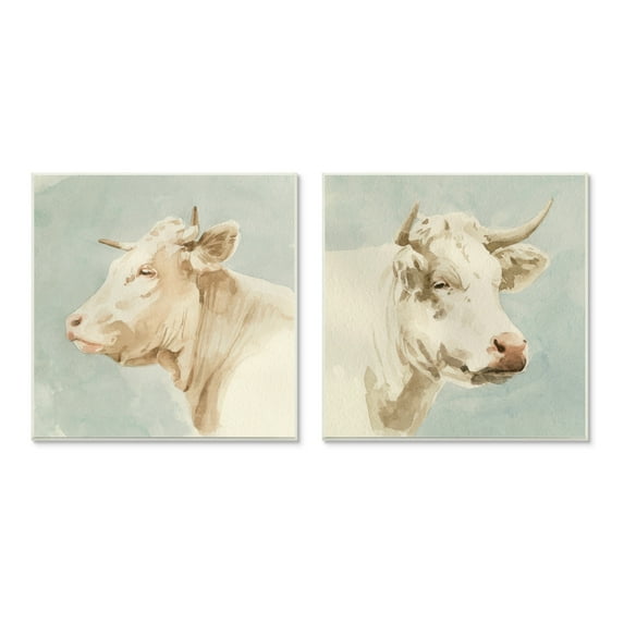 Stupell Industries Vintage Farm Cattle Cows Watercolor Portrait Beige Blue, 12 x 12, Design by Emma Caroline