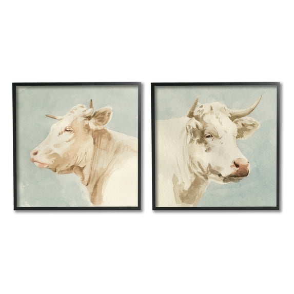 Stupell Industries Vintage Farm Cattle Cows Watercolor Portrait Beige Blue, 17 x 17, Design by Emma Caroline