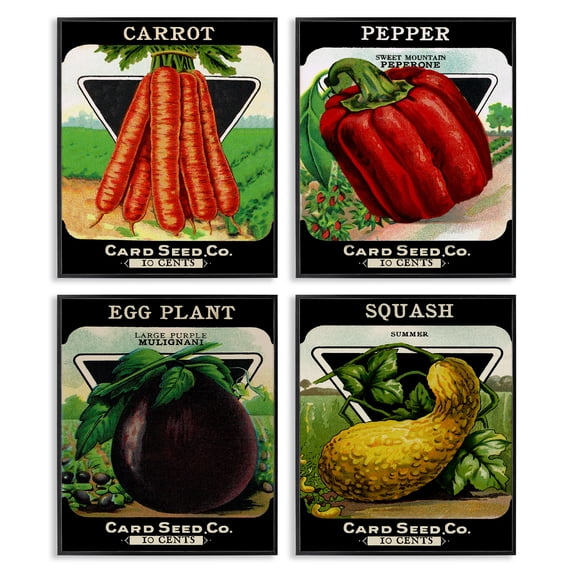 Stupell Industries Vintage Farm Garden Vegetables Food & Beverage Painting Black Framed Art Print Wall Art, 16 x 20, Set of 4