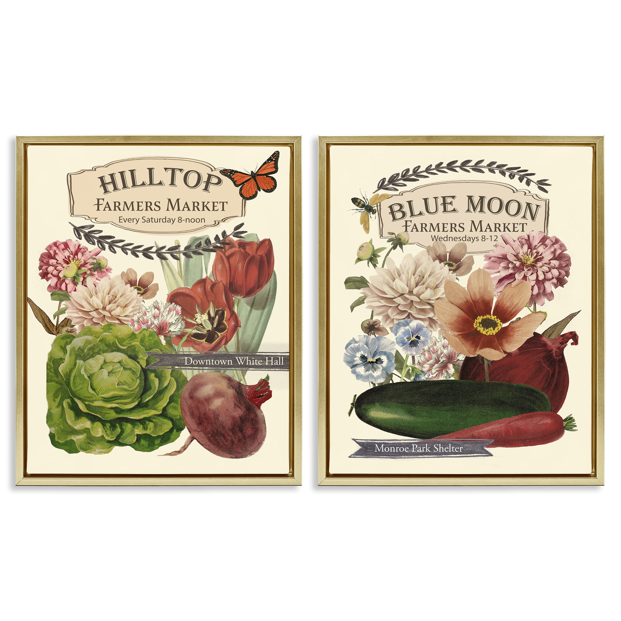 Stupell Industries Vintage Farmers Markets Food & Beverage Painting Gold Floater Framed Canvas Art Print Wall Art, 31 x 25, Set of 2