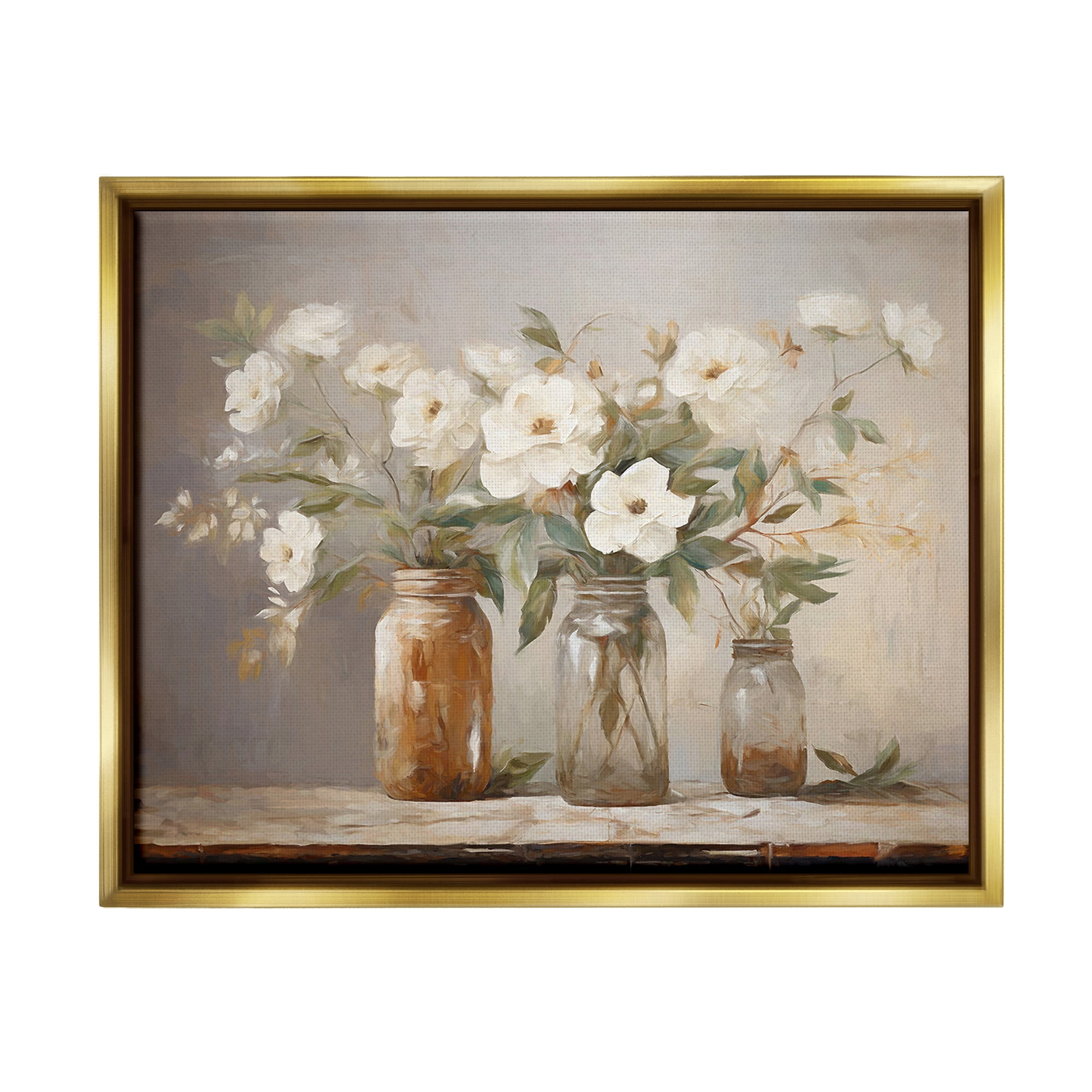 Stupell Industries Vintage Farmhouse Blooms Botanical & Floral Painting Gold Floater Framed Canvas Art Print Wall Art, 21 x 17