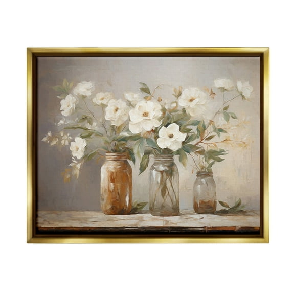 Stupell Industries Vintage Farmhouse Blooms Botanical & Floral Painting Gold Floater Framed Canvas Art Print Wall Art, 31 x 25