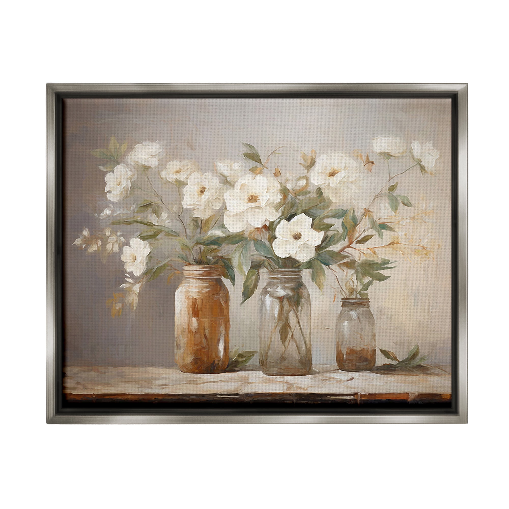 Stupell Industries Vintage Farmhouse Blooms Botanical & Floral Painting Gray Floater Framed Canvas Art Print Wall Art, 21 x 17