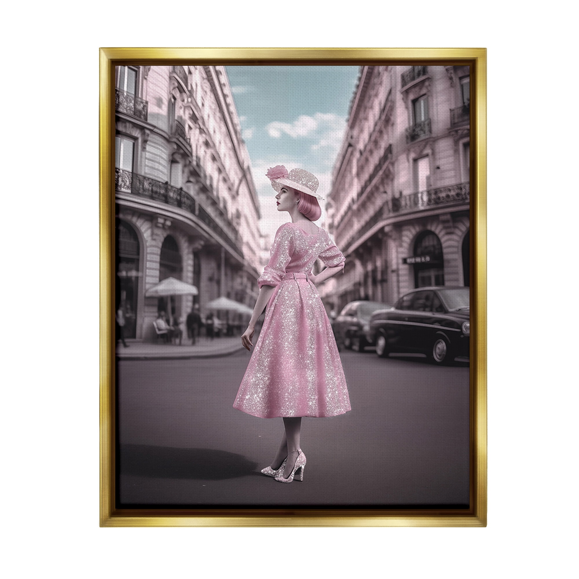 Stupell Industries Vintage Fashion in City Travel & Places Painting Gold Floater Framed Canvas Art Print Wall Art, 17 x 21