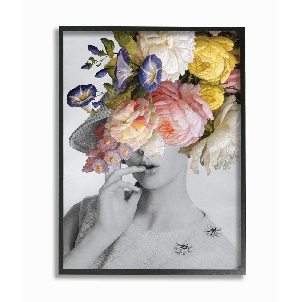 Stupell Industries Vintage Female Portrait Floral Spring Bloom Collage Framed Wall Art Design by Wild Apple Portfolio, 16" x 20", Black Framed
