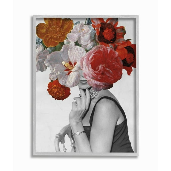 Stupell Industries Vintage Female Sitting Fashion Flower Spring Bloom Collage Framed Wall Art Design by Wild Apple Portfolio, 11" x 14", Gray Framed