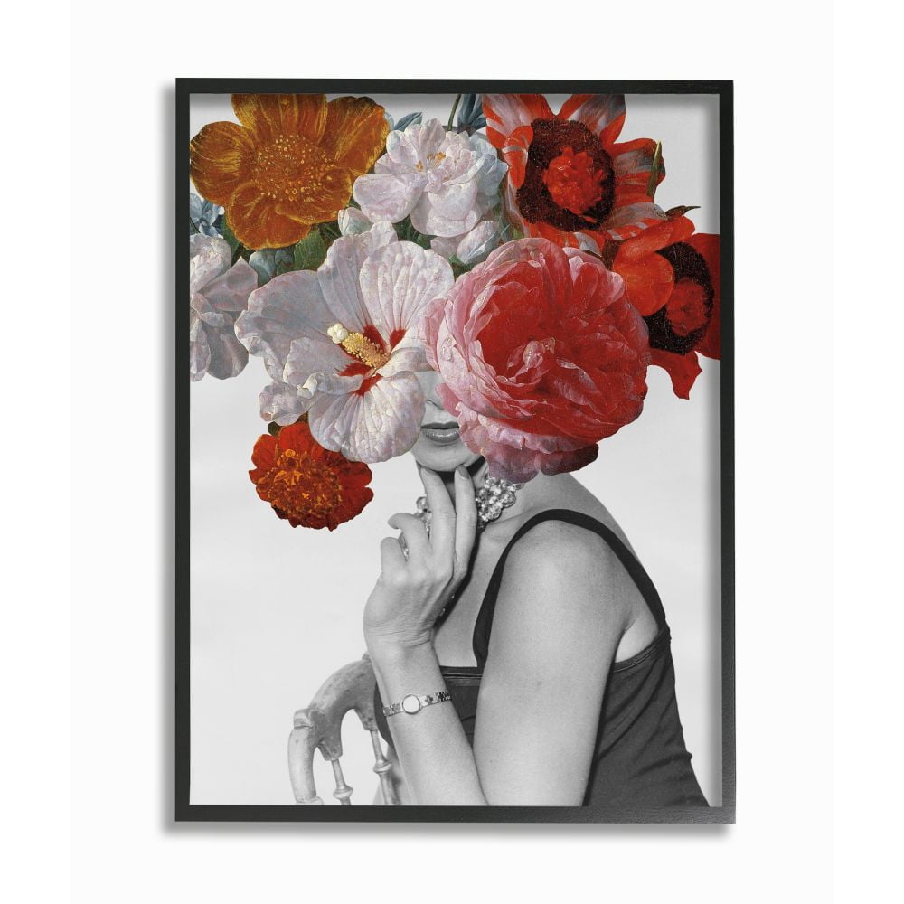 Stupell Industries Vintage Female Sitting Fashion Flower Spring Bloom Collage Framed Wall Art Design by Wild Apple Portfolio, 16" x 20", Black Framed