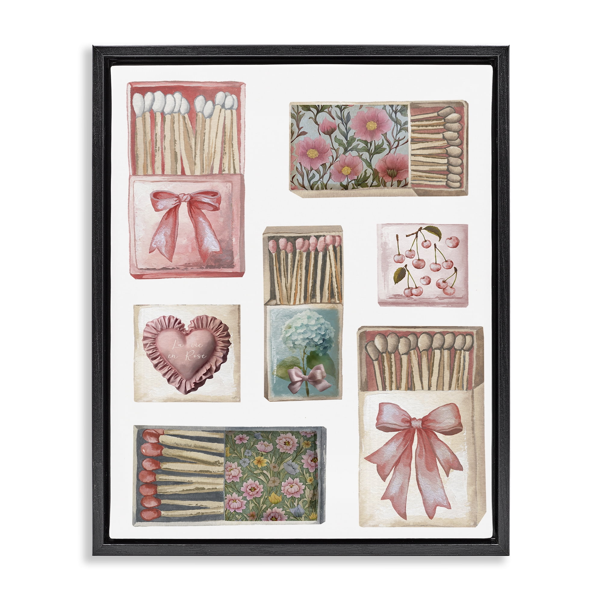 Stupell Industries Vintage Feminine Matchbooks Black Framed Floater Canvas Wall Art, design by Elizabeth Medley