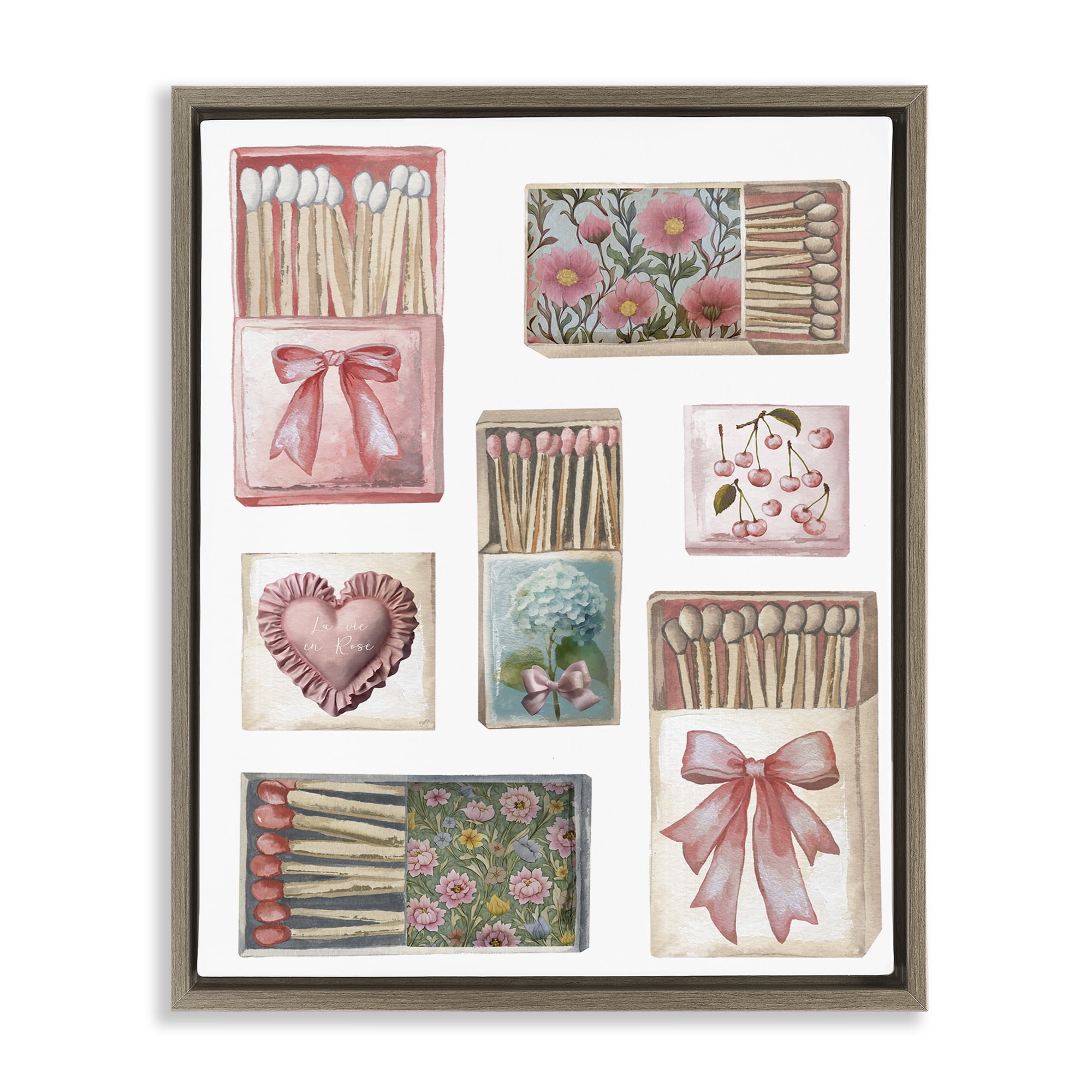 Stupell Industries Vintage Feminine Matchbooks Brown Framed Floater Canvas Wall Art, design by Elizabeth Medley