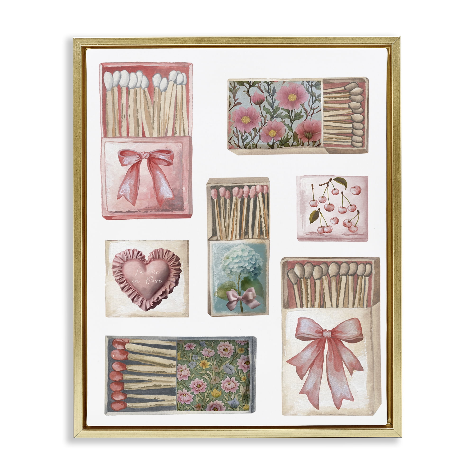 Stupell Industries Vintage Feminine Matchbooks Gold Framed Floater Canvas Wall Art, design by Elizabeth Medley