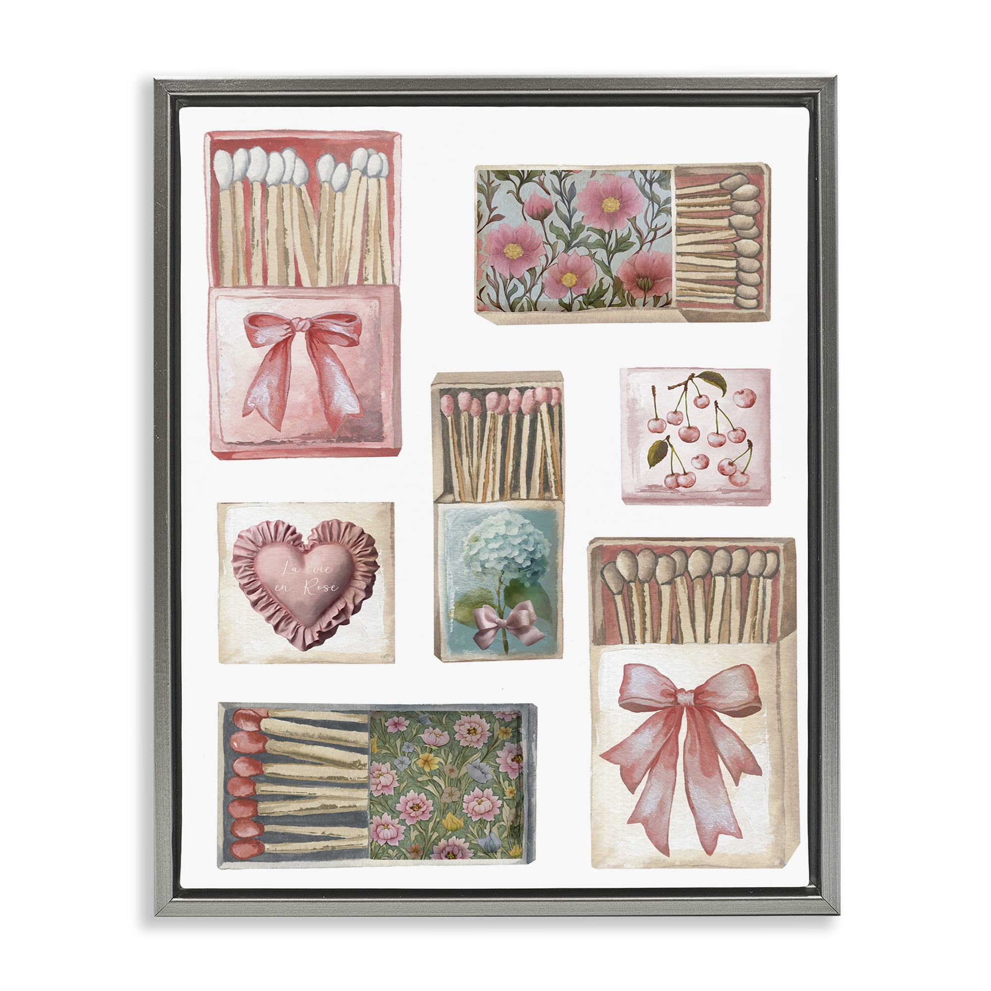 Stupell Industries Vintage Feminine Matchbooks Gray Framed Floater Canvas Wall Art, design by Elizabeth Medley