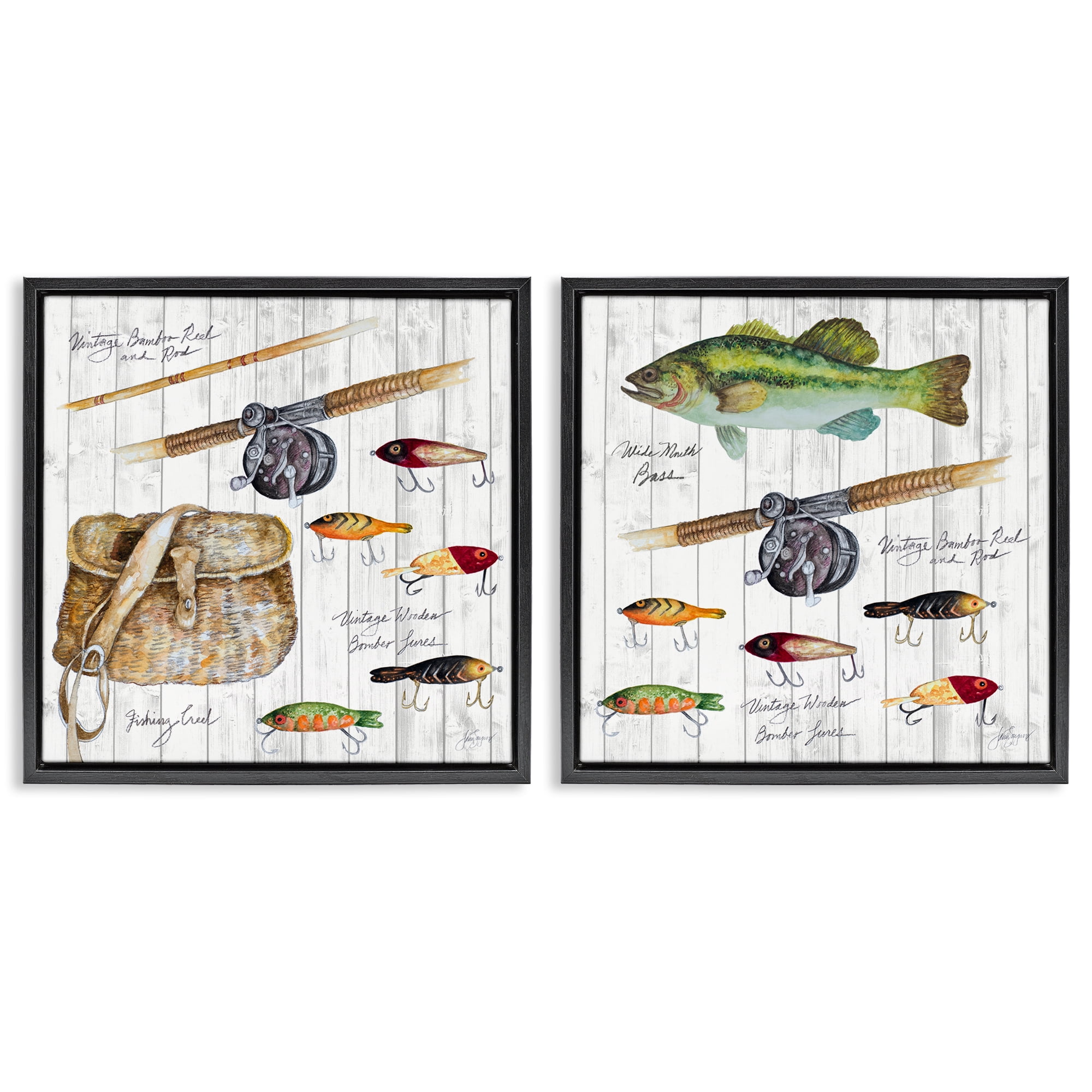 Stupell Industries Vintage Fishing Gear Sports Painting Black Floater Framed Canvas Art Print Wall Art, 25 x 25, Set of 2