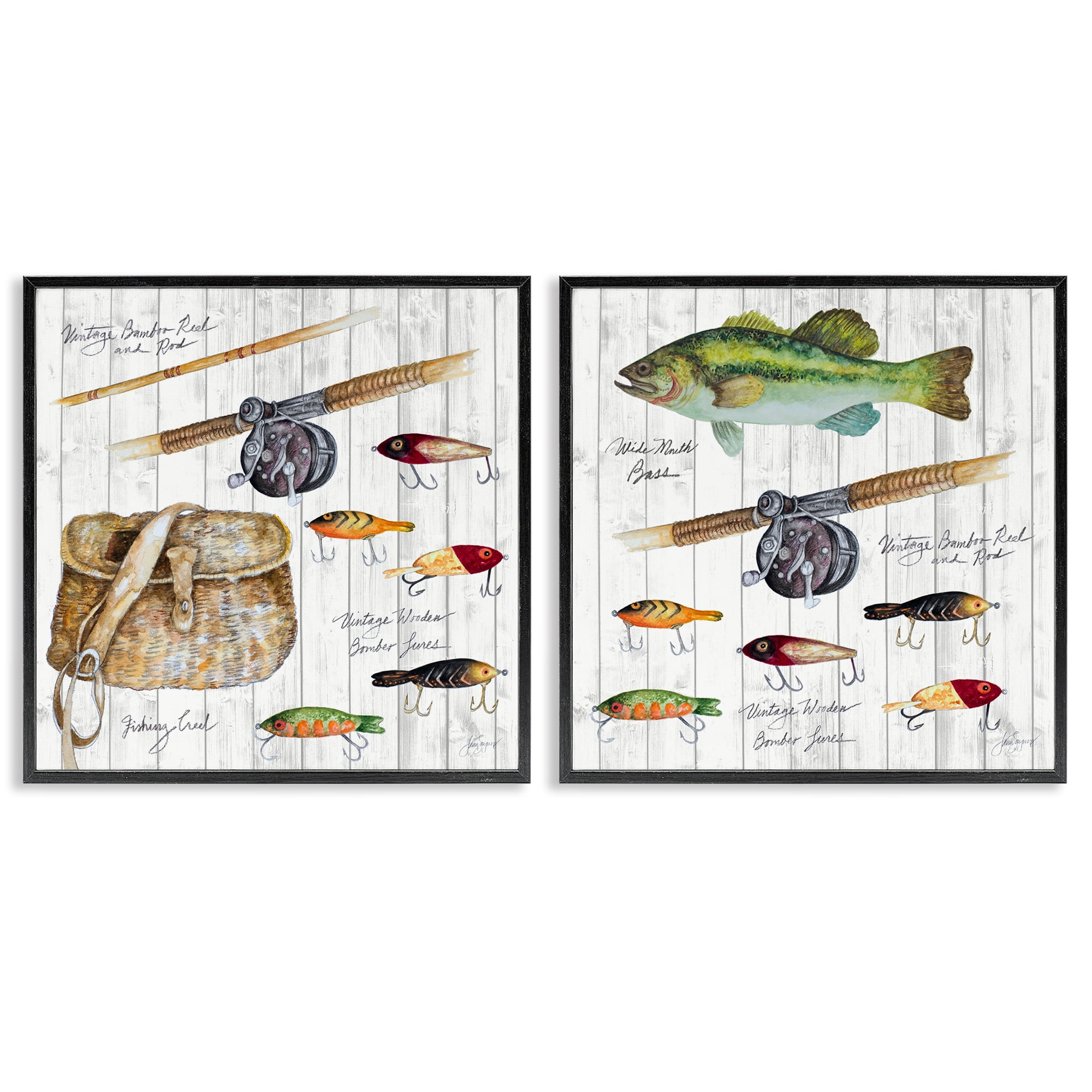 Stupell Industries Vintage Fishing Gear Sports Painting Black Framed Art Print Wall Art, 12 x 12, Set of 2