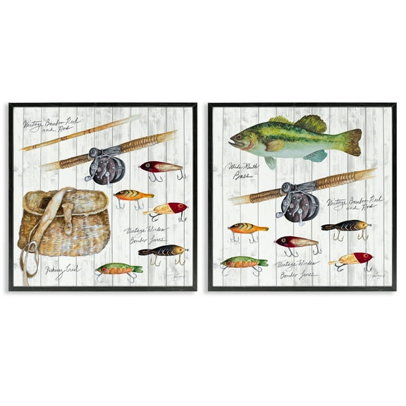 Stupell Industries Vintage Fishing Gear Sports Painting Black Framed Art Print Wall Art, 12 x 12, Set of 2