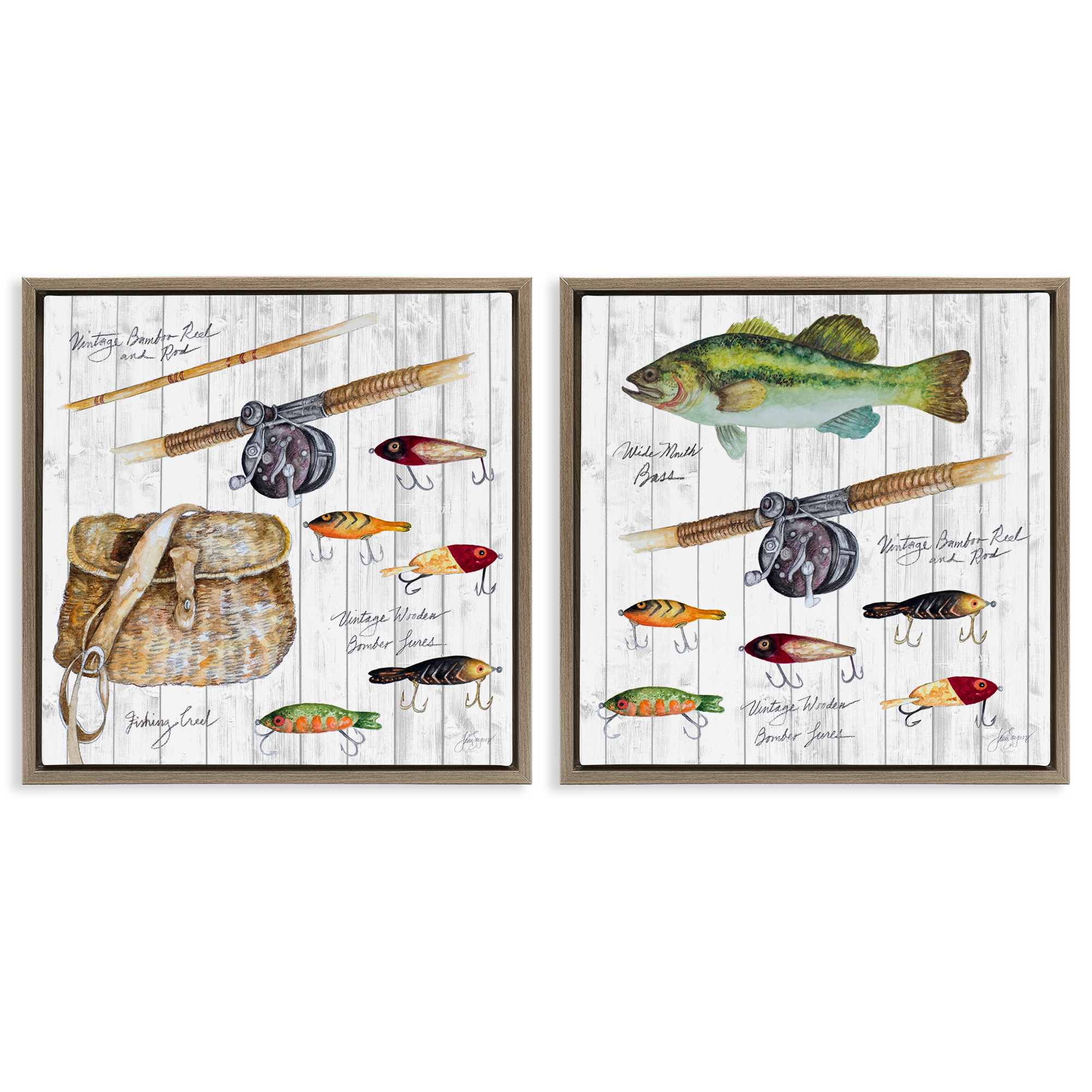 Stupell Industries Vintage Fishing Gear Sports Painting Brown Floater Framed Canvas Art Print Wall Art, 25 x 25, Set of 2