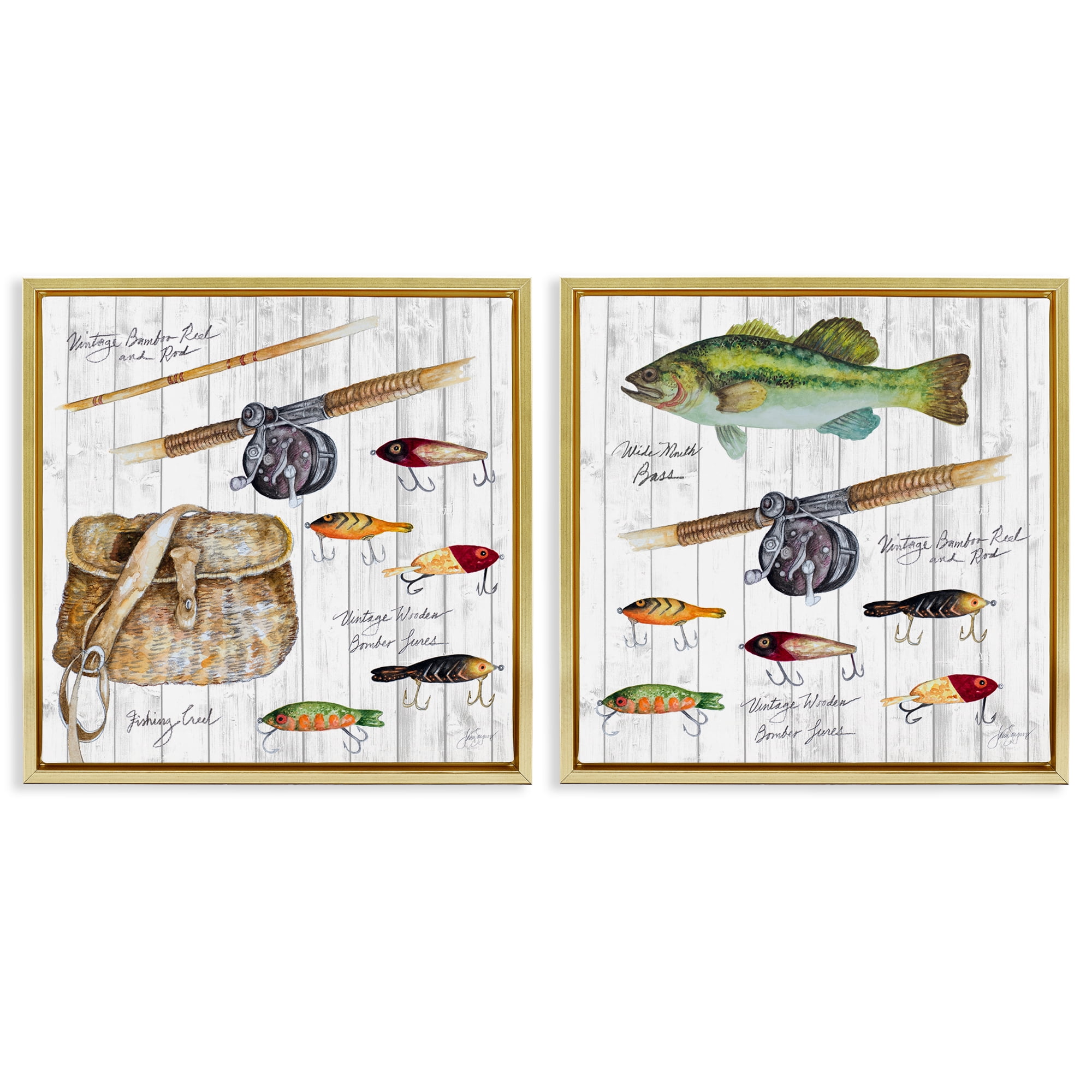 Stupell Industries Vintage Fishing Gear Sports Painting Gold Floater Framed Canvas Art Print Wall Art, 25 x 25, Set of 2