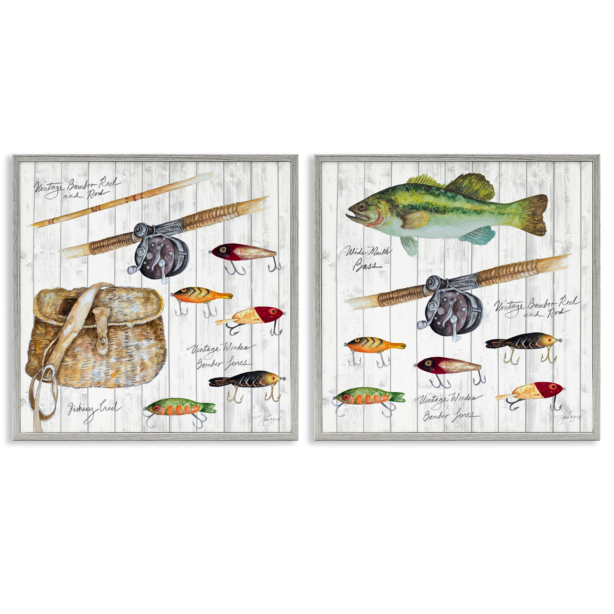 Stupell Industries Vintage Fishing Gear Sports Painting Gray Framed Art Print Wall Art, 12 x 12, Set of 2