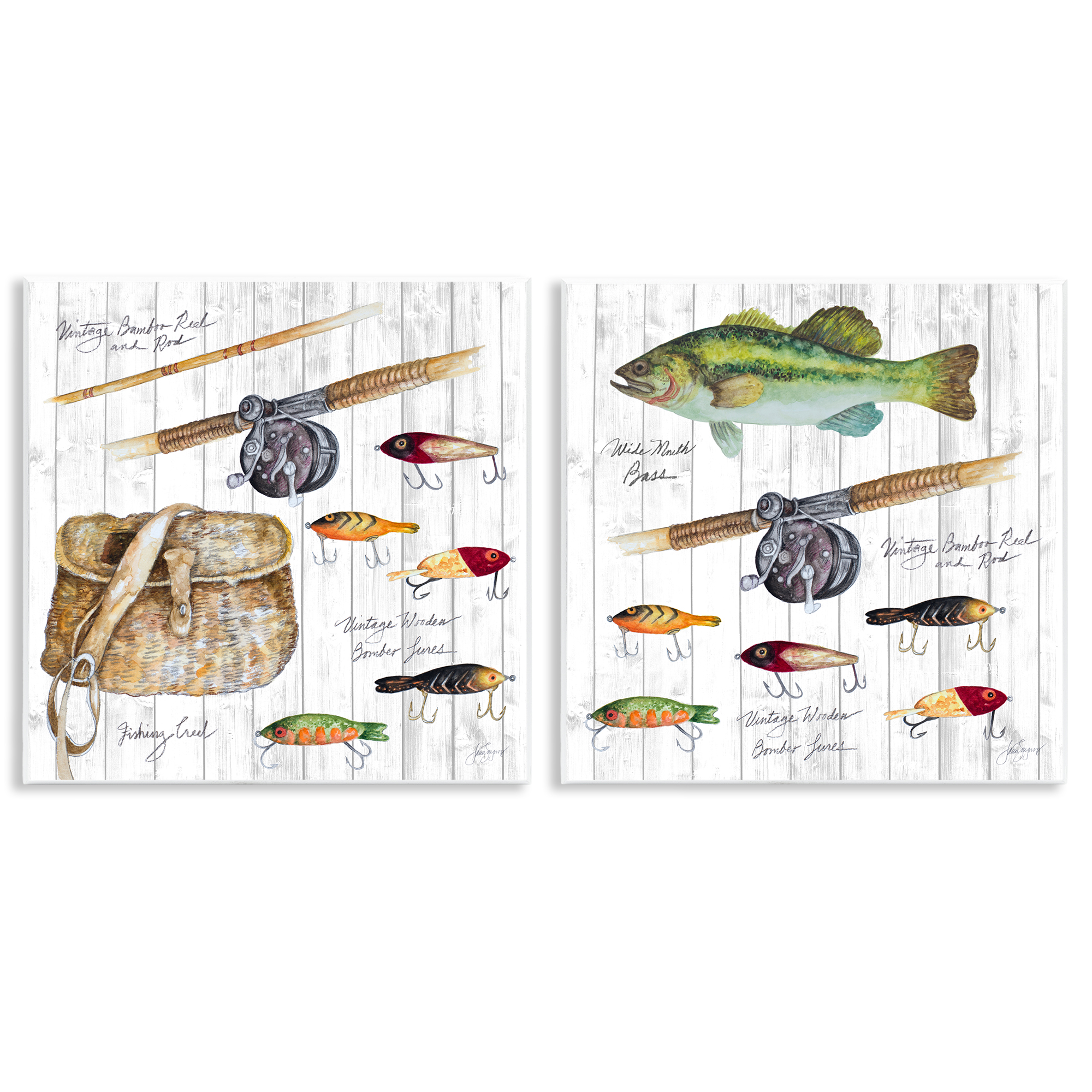Stupell Industries Vintage Fishing Gear Sports Painting Unframed Art Print Wall Art, 12 x 12, Set of 2