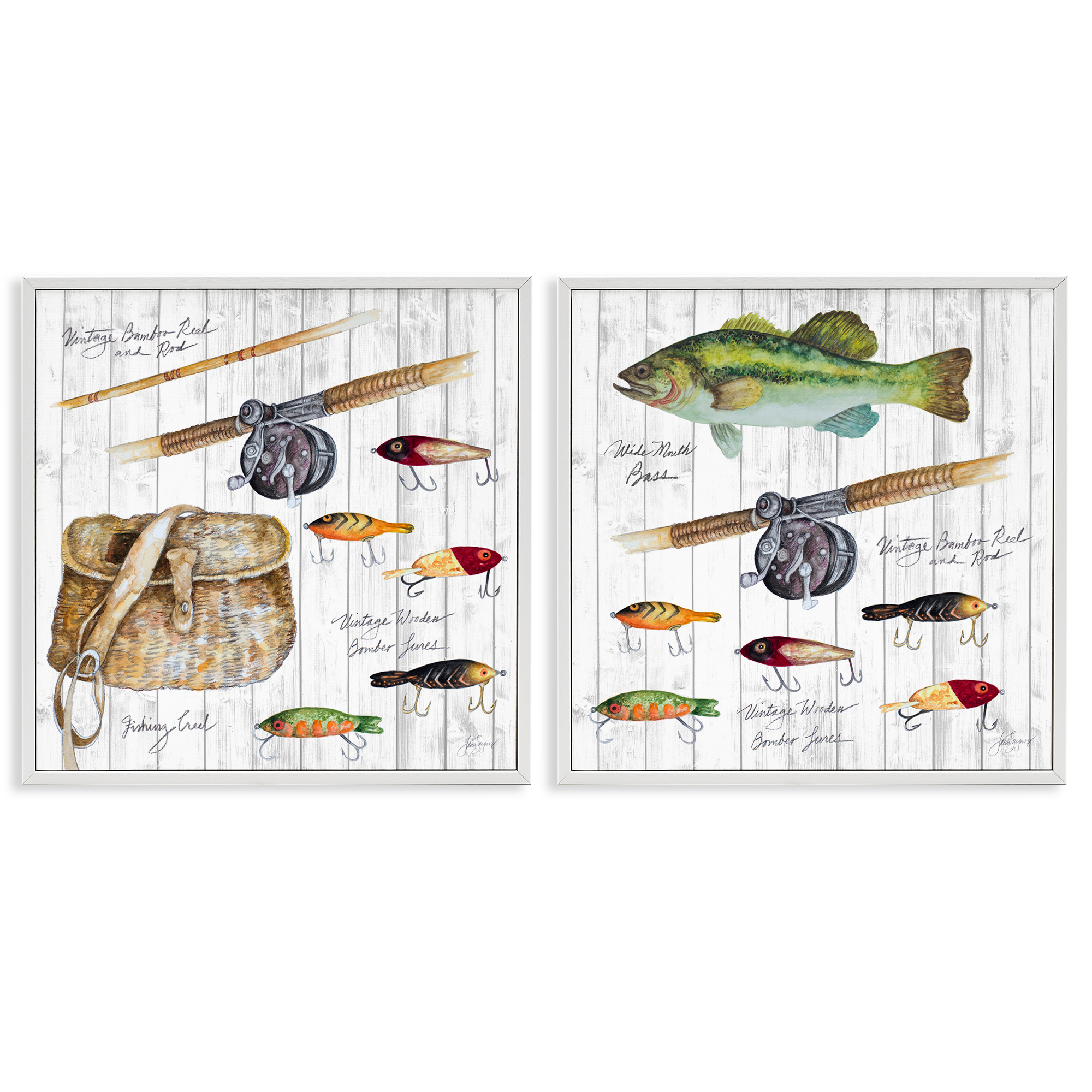 Stupell Industries Vintage Fishing Gear Sports Painting White Framed Art Print Wall Art, 17 x 17, Set of 2