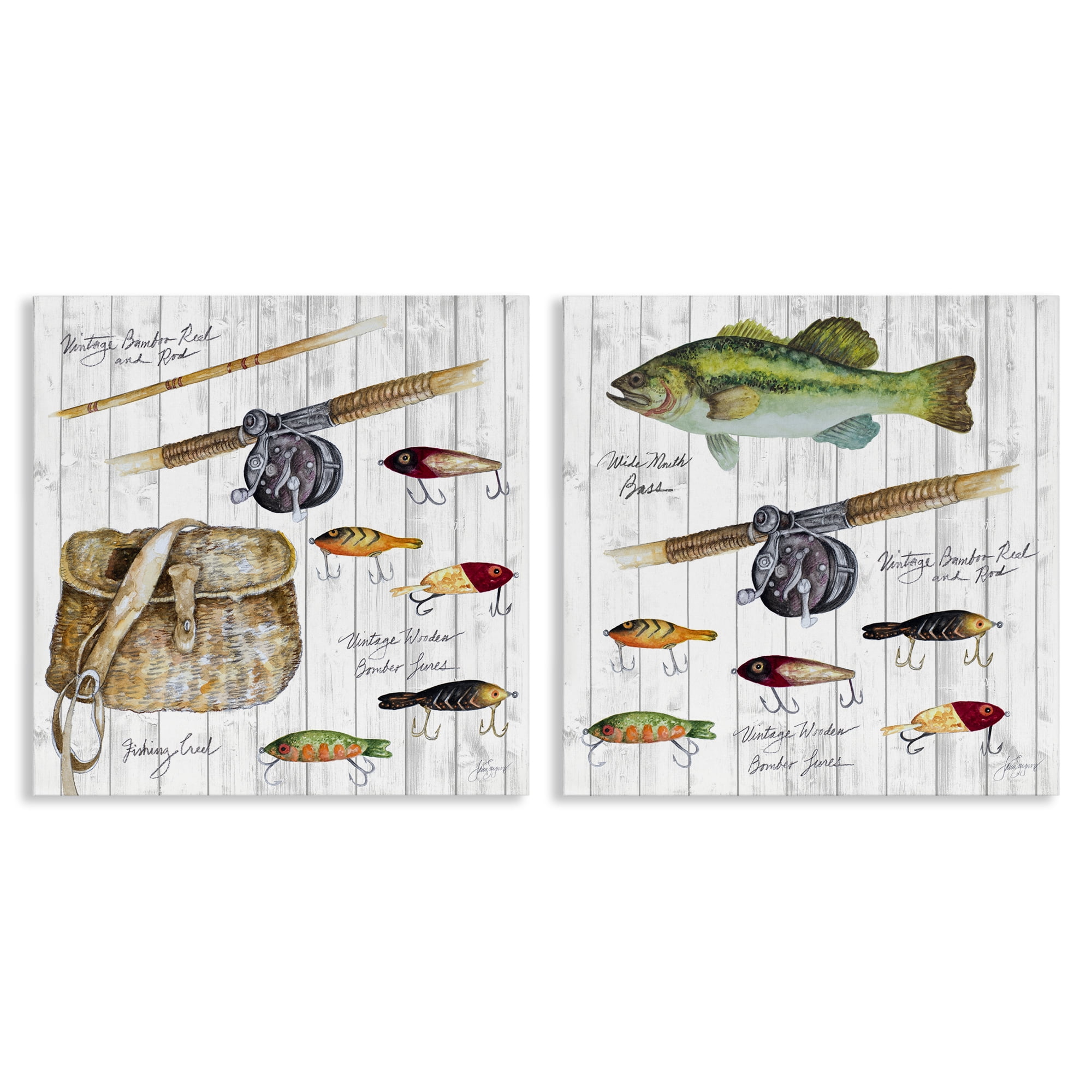 Stupell Industries Vintage Fishing Gear Sports Painting Wrapped Canvas Art Print Wall Art, 17 x 17, Set of 2