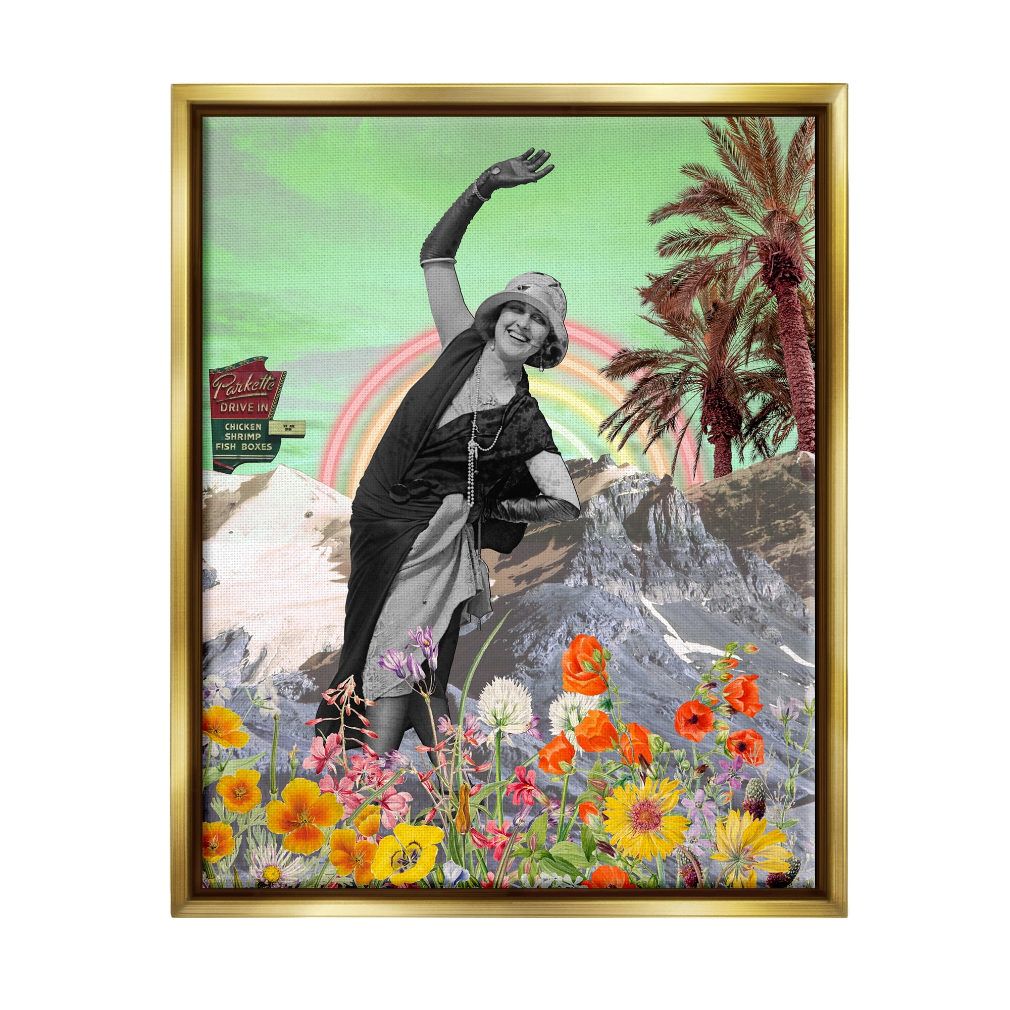 Stupell Industries Vintage Floral Collage Botanical & Floral Painting Gold Floater Framed Canvas Art Print Wall Art, 25 x 31