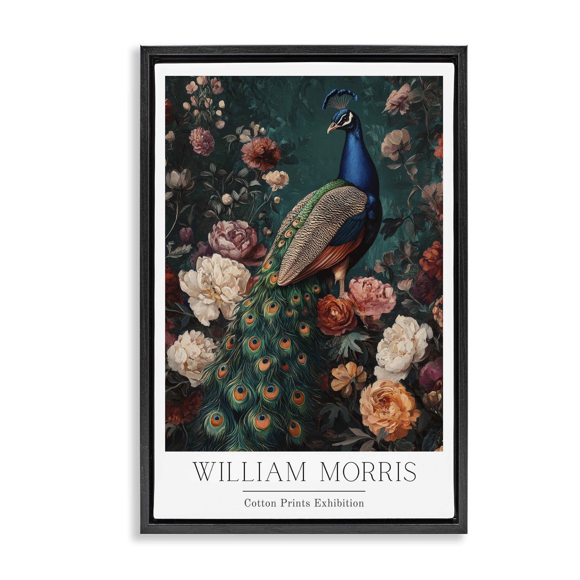 Stupell Industries Vintage Floral Peacock William Morris Black Framed Floater Canvas Wall Art, design by Petal Prints Design