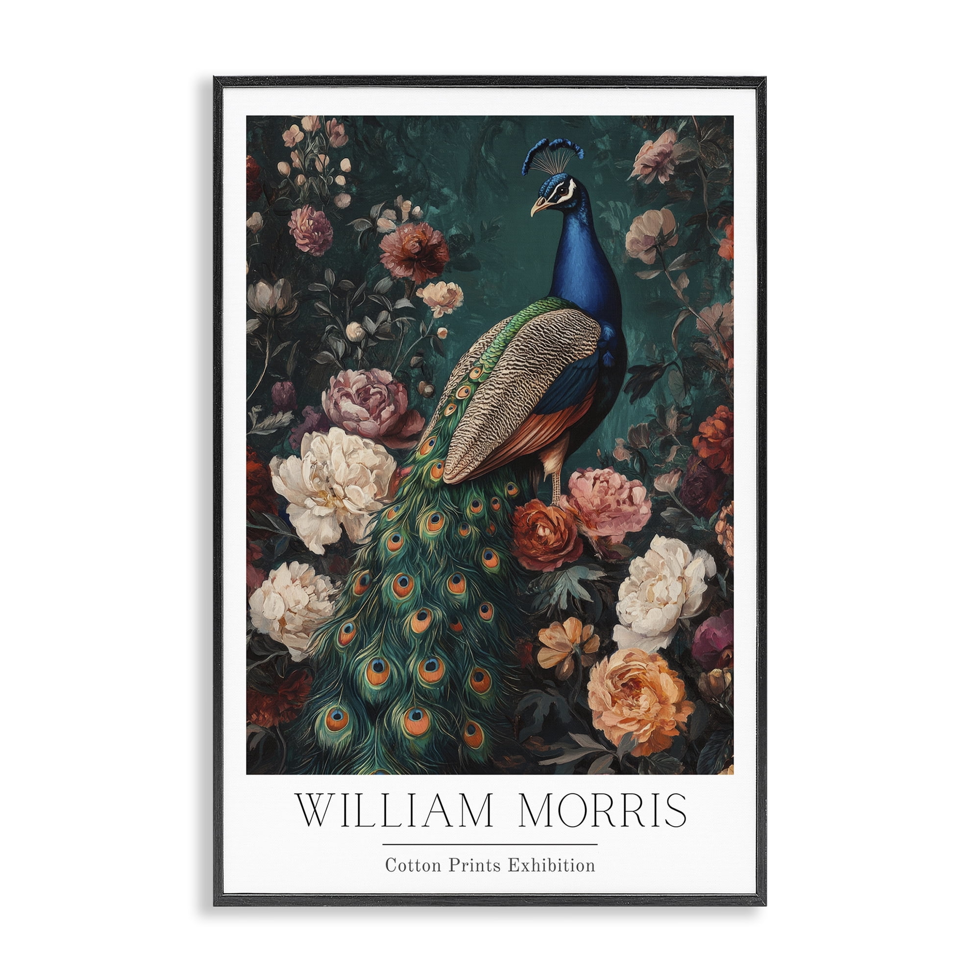 Stupell Industries Vintage Floral Peacock William Morris Black Framed Giclee Art, design by Petal Prints Design