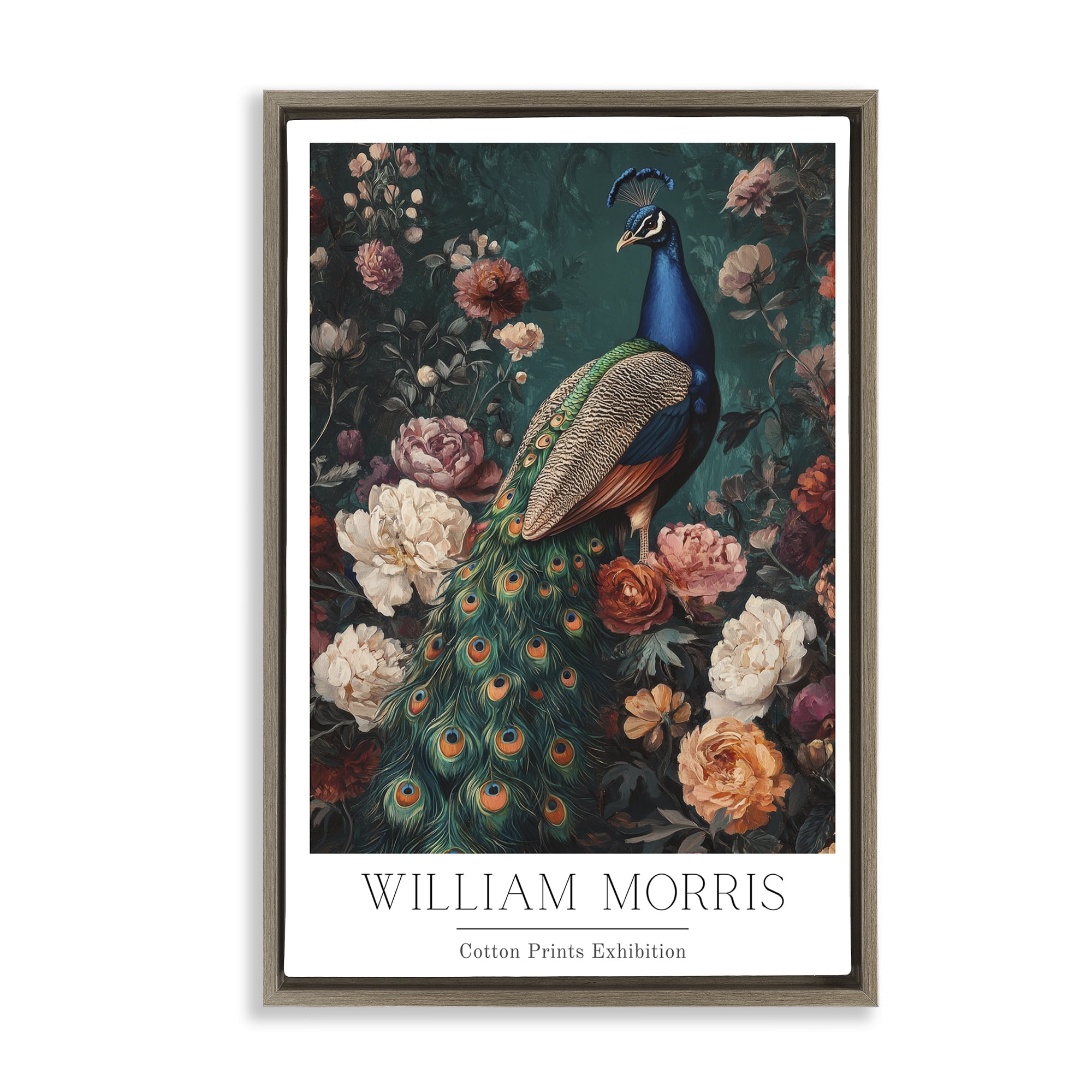 Stupell Industries Vintage Floral Peacock William Morris Brown Framed Floater Canvas Wall Art, design by Petal Prints Design