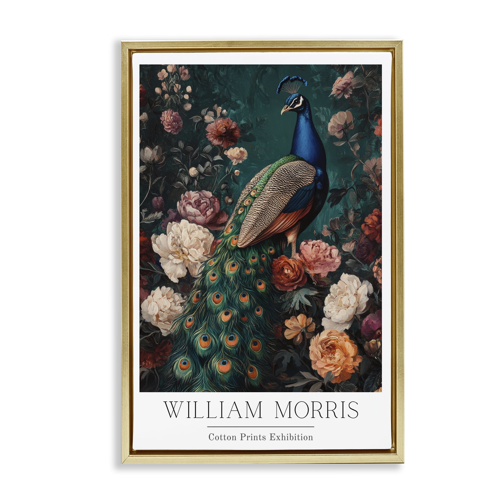 Stupell Industries Vintage Floral Peacock William Morris Gold Framed Floater Canvas Wall Art, design by Petal Prints Design