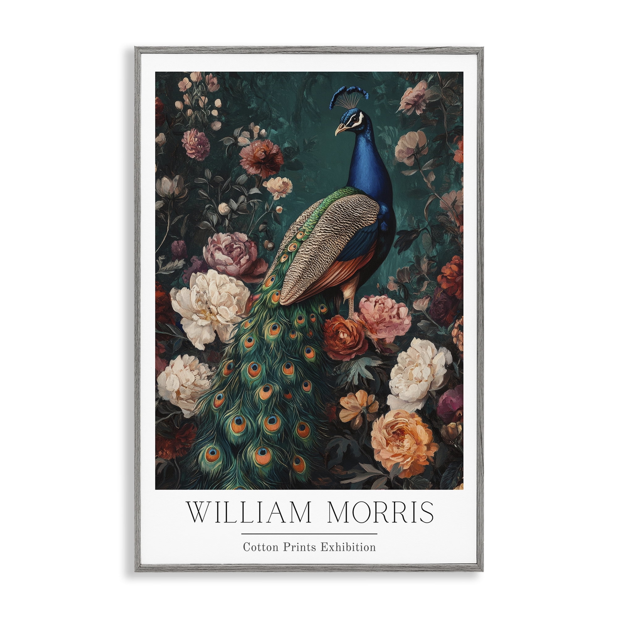 Stupell Industries Vintage Floral Peacock William Morris Gray Framed Giclee Art, design by Petal Prints Design