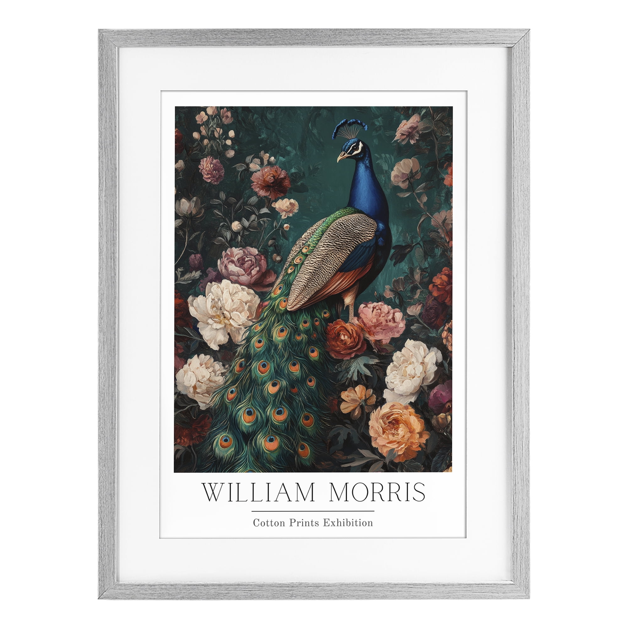 Stupell Industries Vintage Floral Peacock William Morris Gray Framed Print Under Glass, design by Petal Prints Design