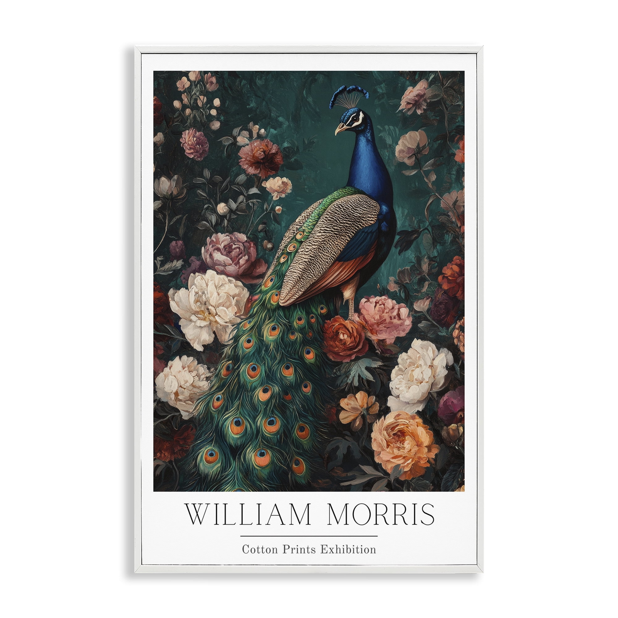 Stupell Industries Vintage Floral Peacock William Morris White Framed Giclee Art, design by Petal Prints Design