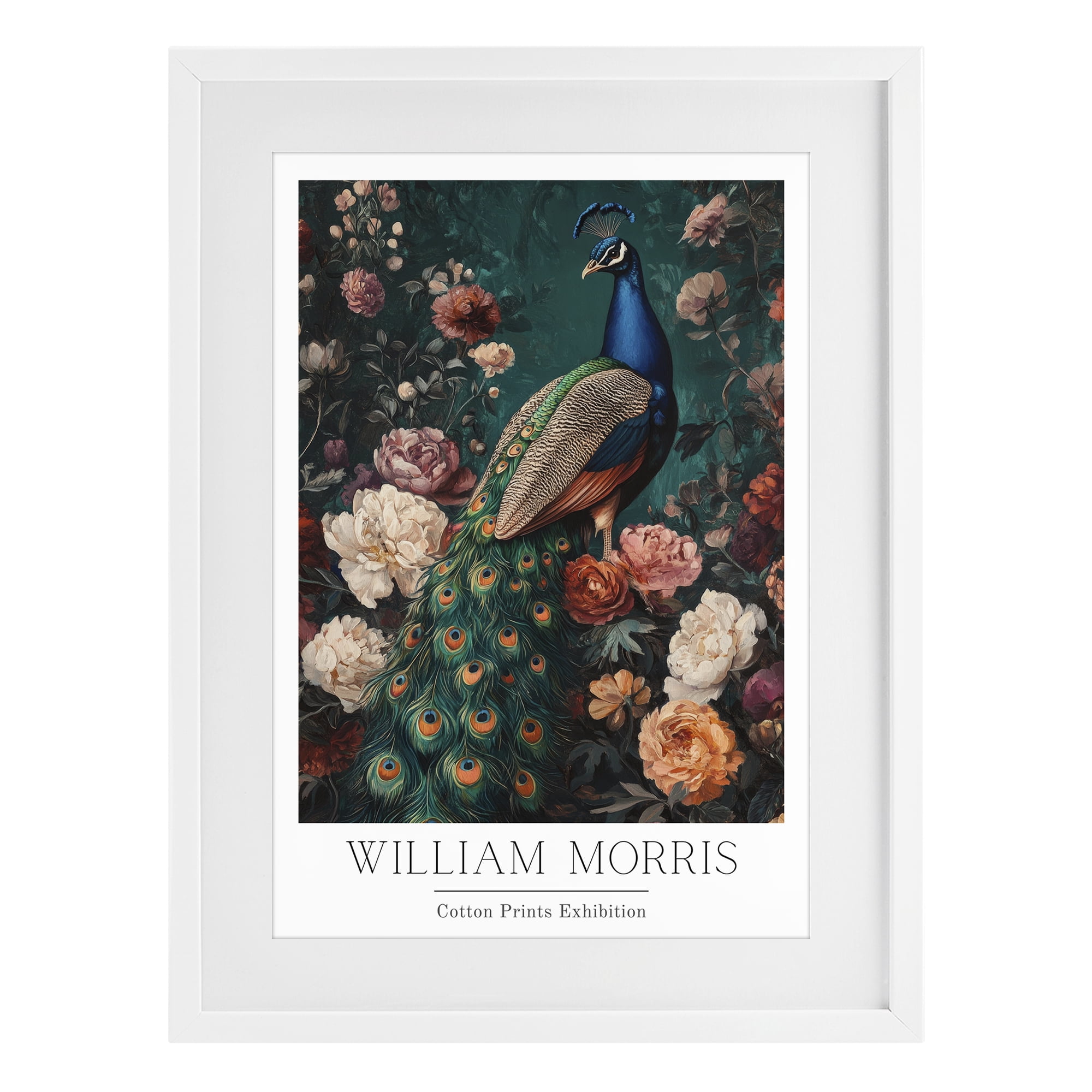 Stupell Industries Vintage Floral Peacock William Morris White Framed Print Under Glass, design by Petal Prints Design