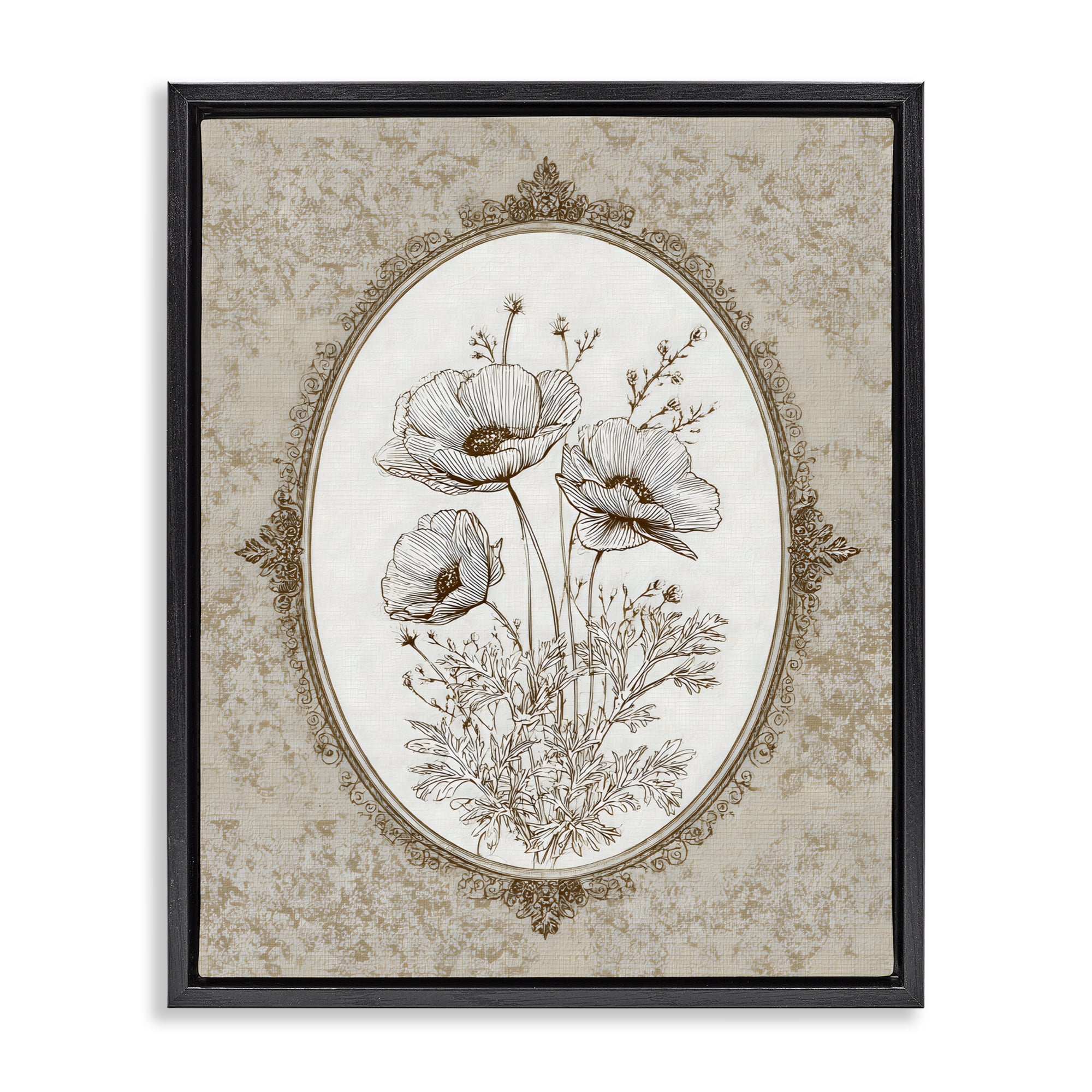 Stupell Industries Vintage Floral Sketch of Poppies Black Framed Floater Canvas Wall Art, design by Ink Drop Loft