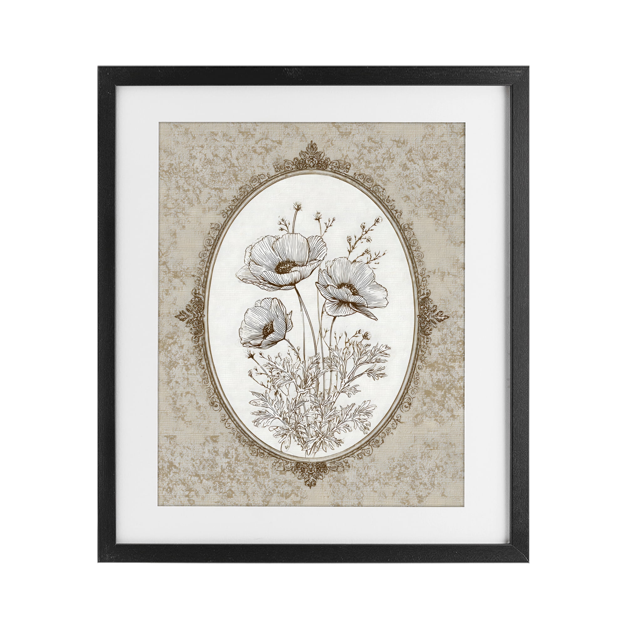 Stupell Industries Vintage Floral Sketch of Poppies Black Framed Print Under Glass, design by Ink Drop Loft