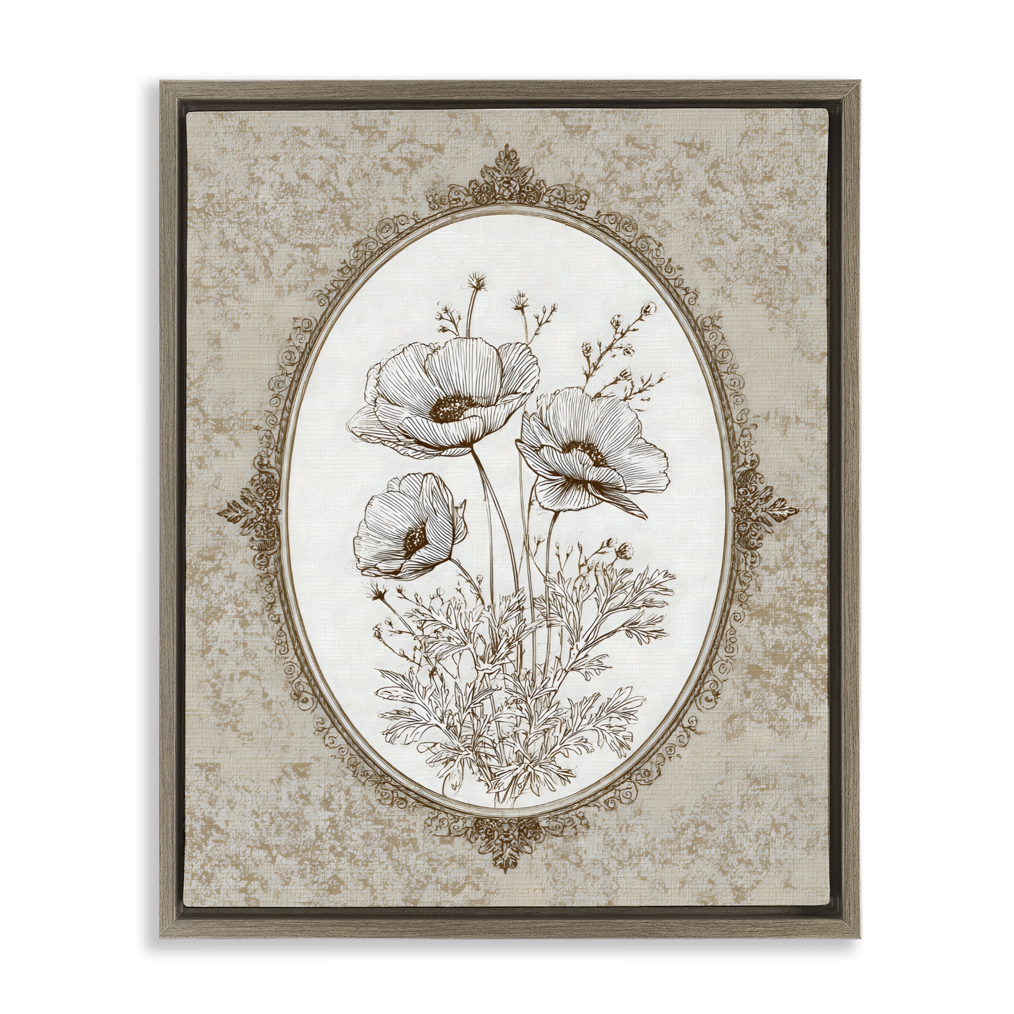 Stupell Industries Vintage Floral Sketch of Poppies Brown Framed Floater Canvas Wall Art, design by Ink Drop Loft