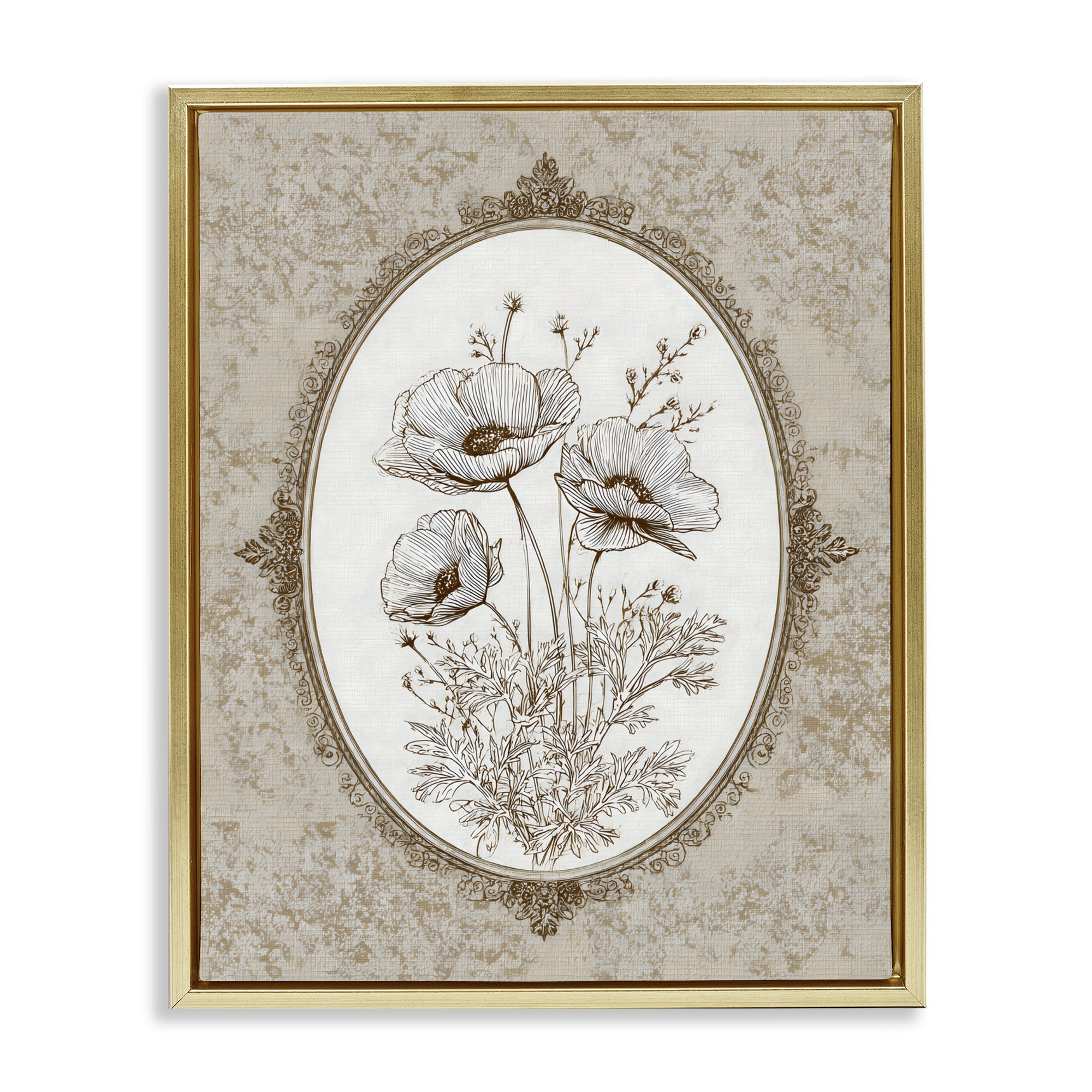 Stupell Industries Vintage Floral Sketch of Poppies Gold Framed Floater Canvas Wall Art, design by Ink Drop Loft