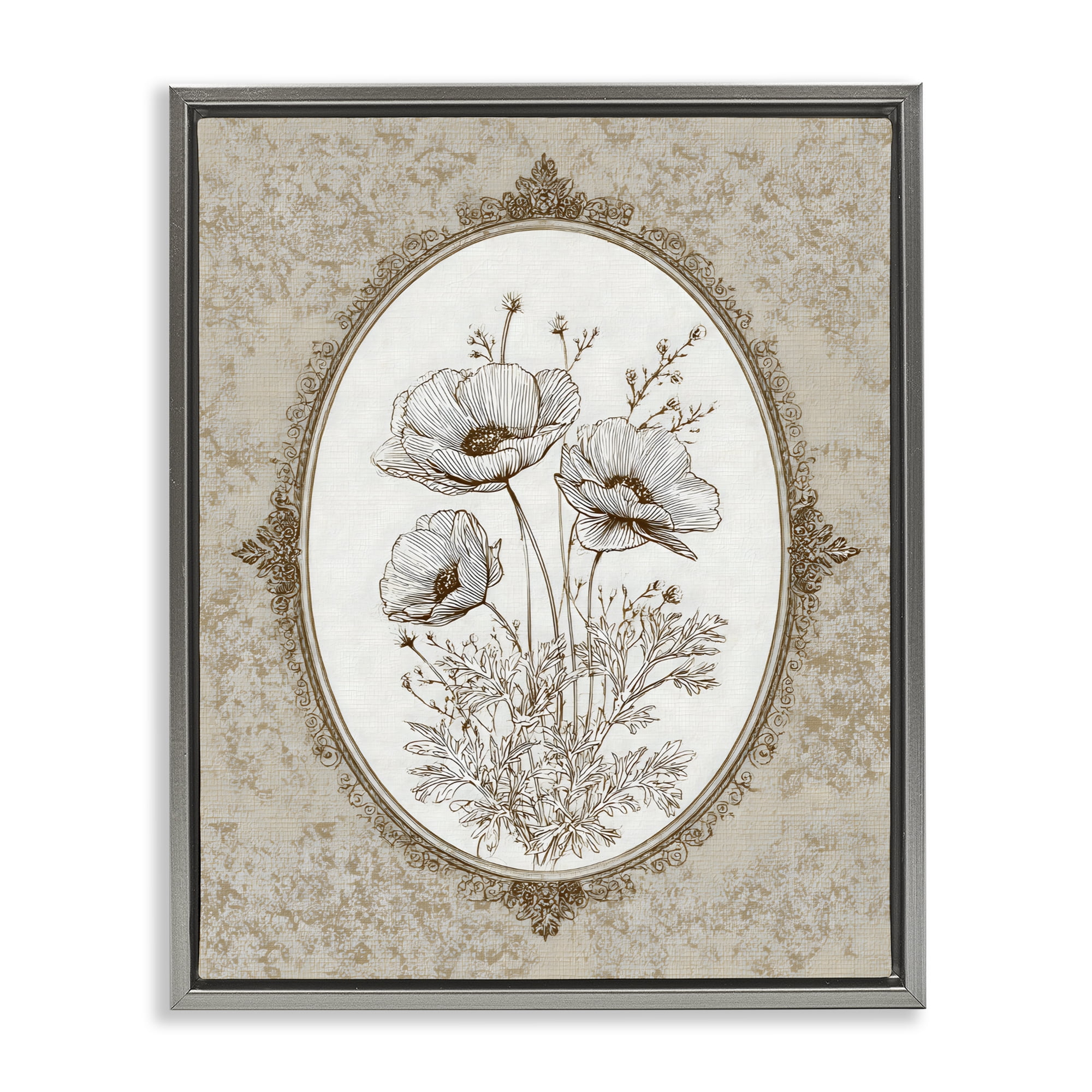 Stupell Industries Vintage Floral Sketch of Poppies Gray Framed Floater Canvas Wall Art, design by Ink Drop Loft
